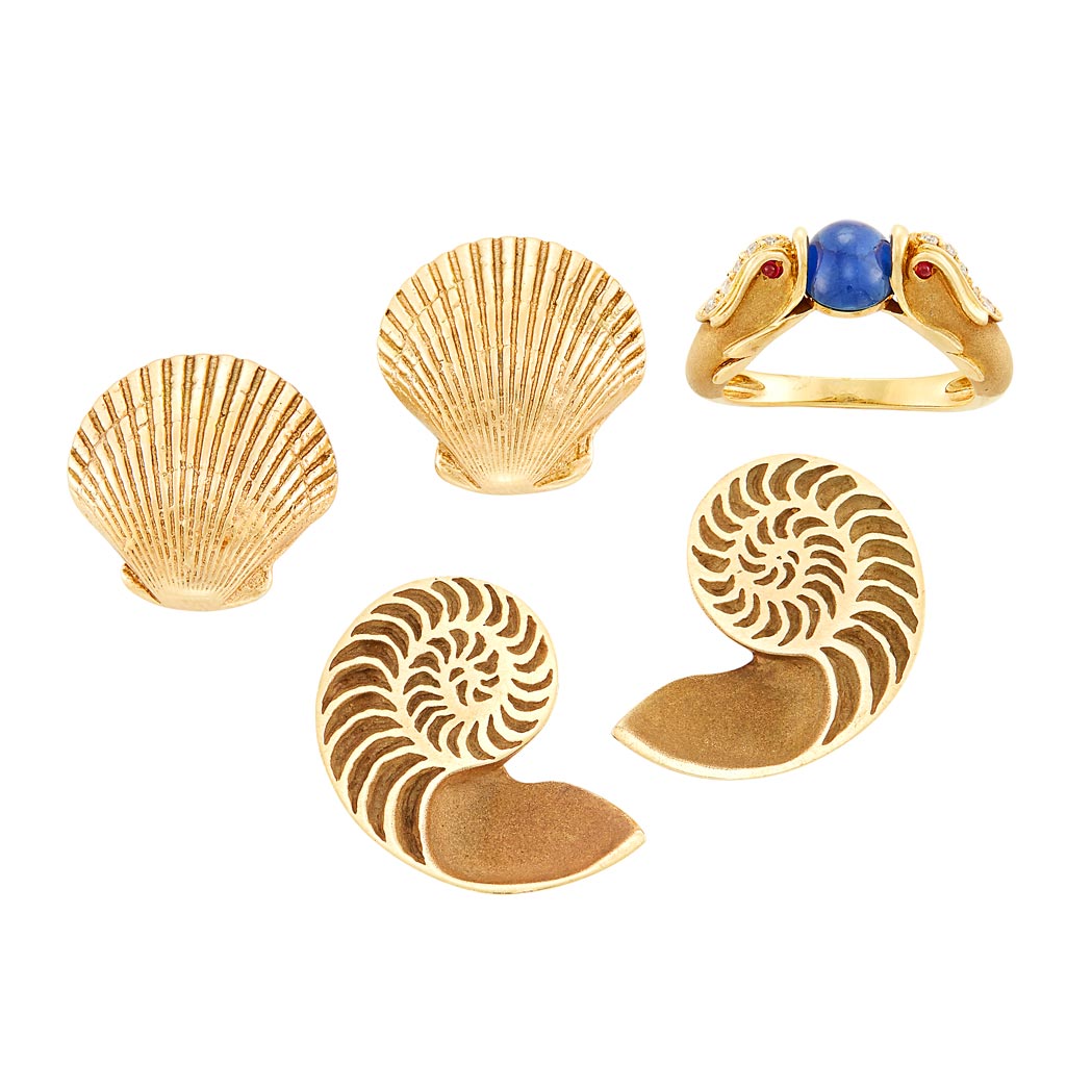 Lot image - Pair of Gold Shell Earrings, Hammerman Brothers, Gold, Sapphire and Diamond Dolphin Ring and Pair of Shell Earrings
