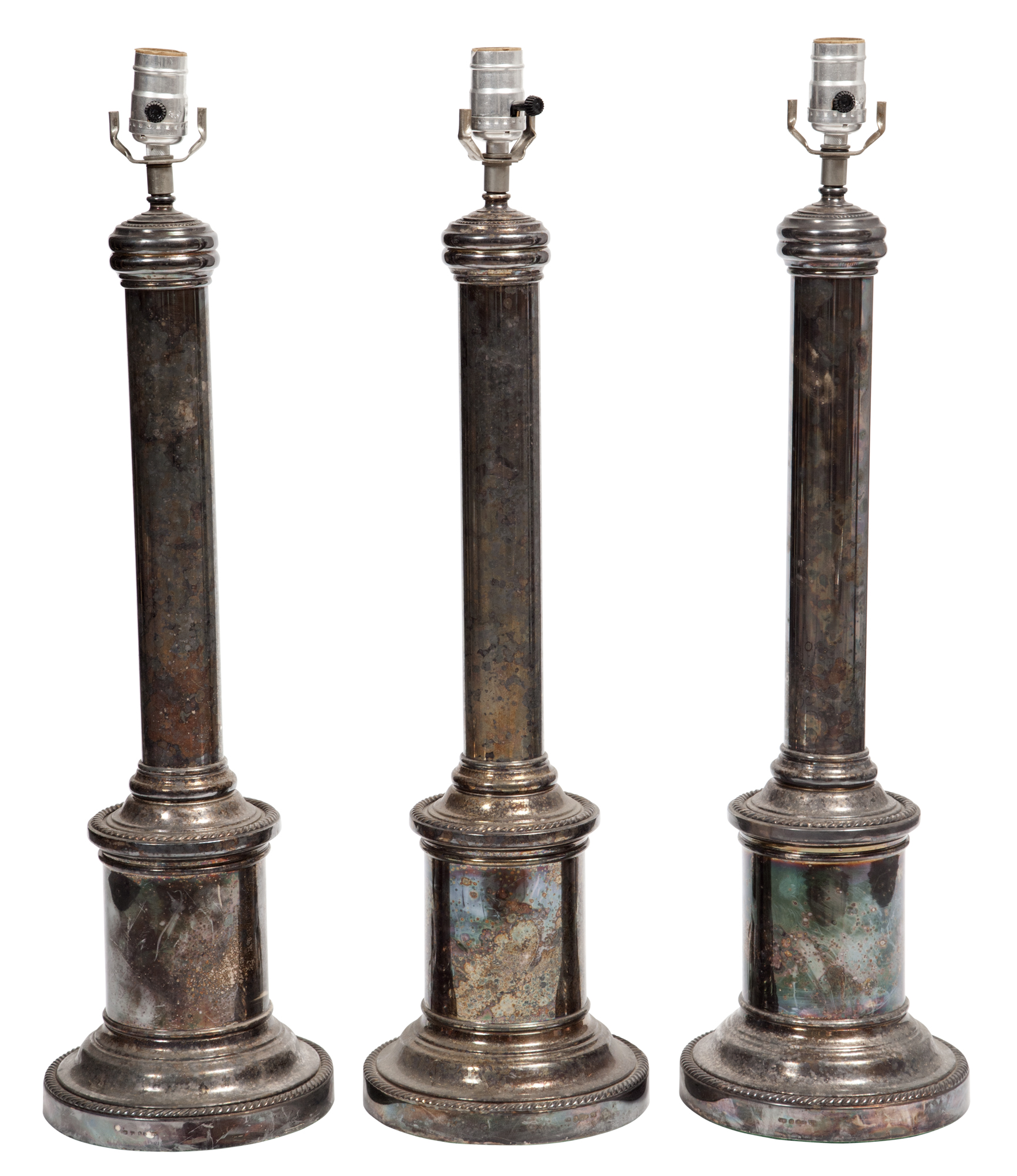 Lot image - Set of Three Silver Plated Columnar Lamps