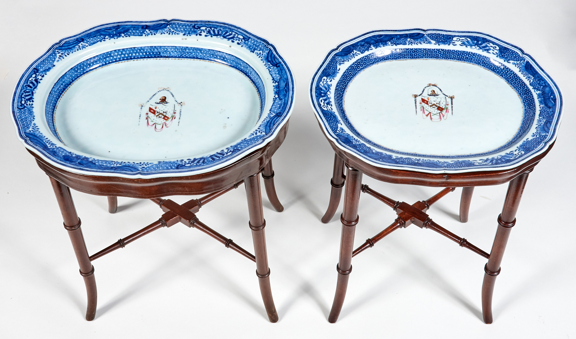 Lot image - Two Chinese Export Blue and White Armorial Platters en Suite