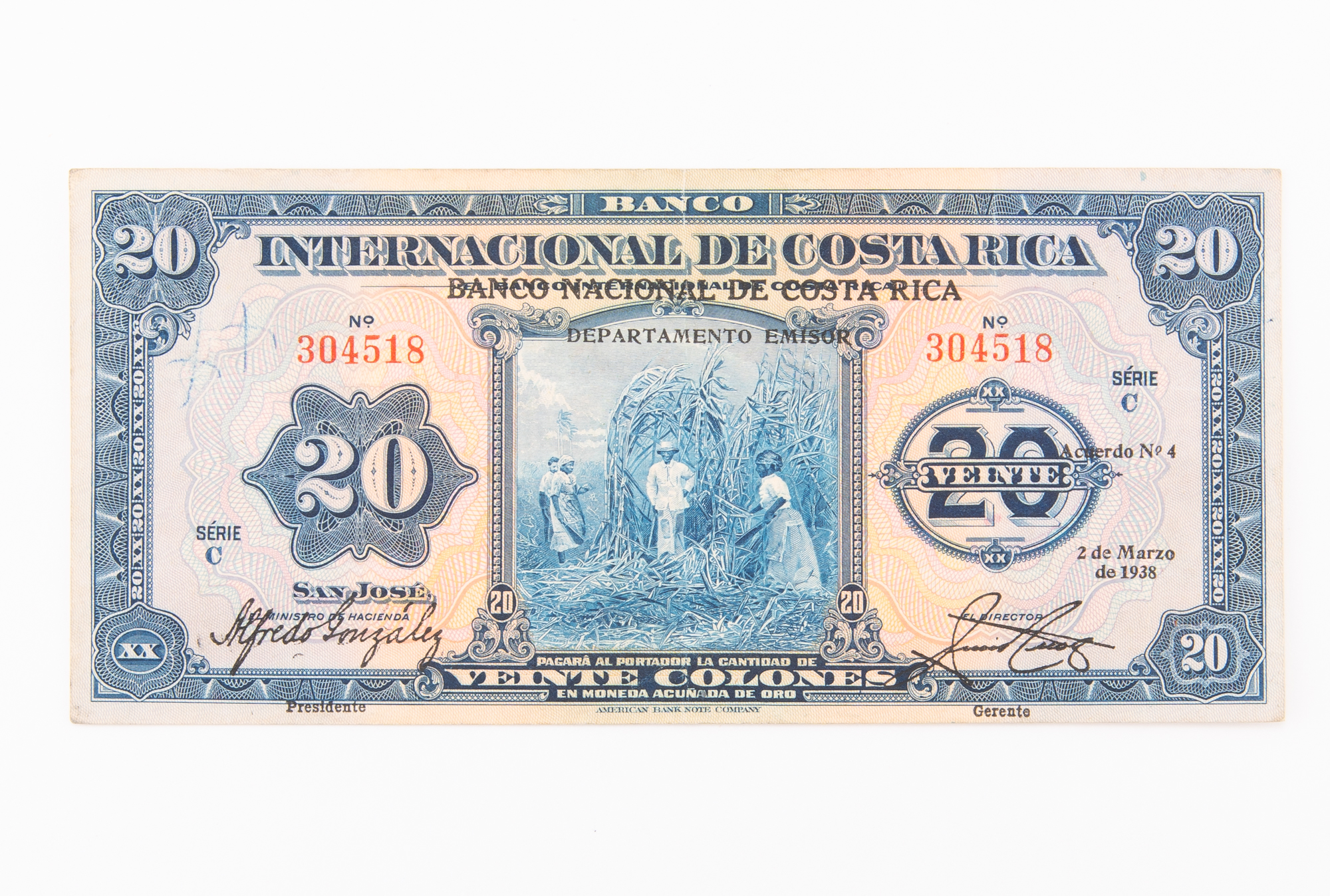 Lot image - Costa Rica, Banco Internacional Series C Veinte Colones Pick# 176a