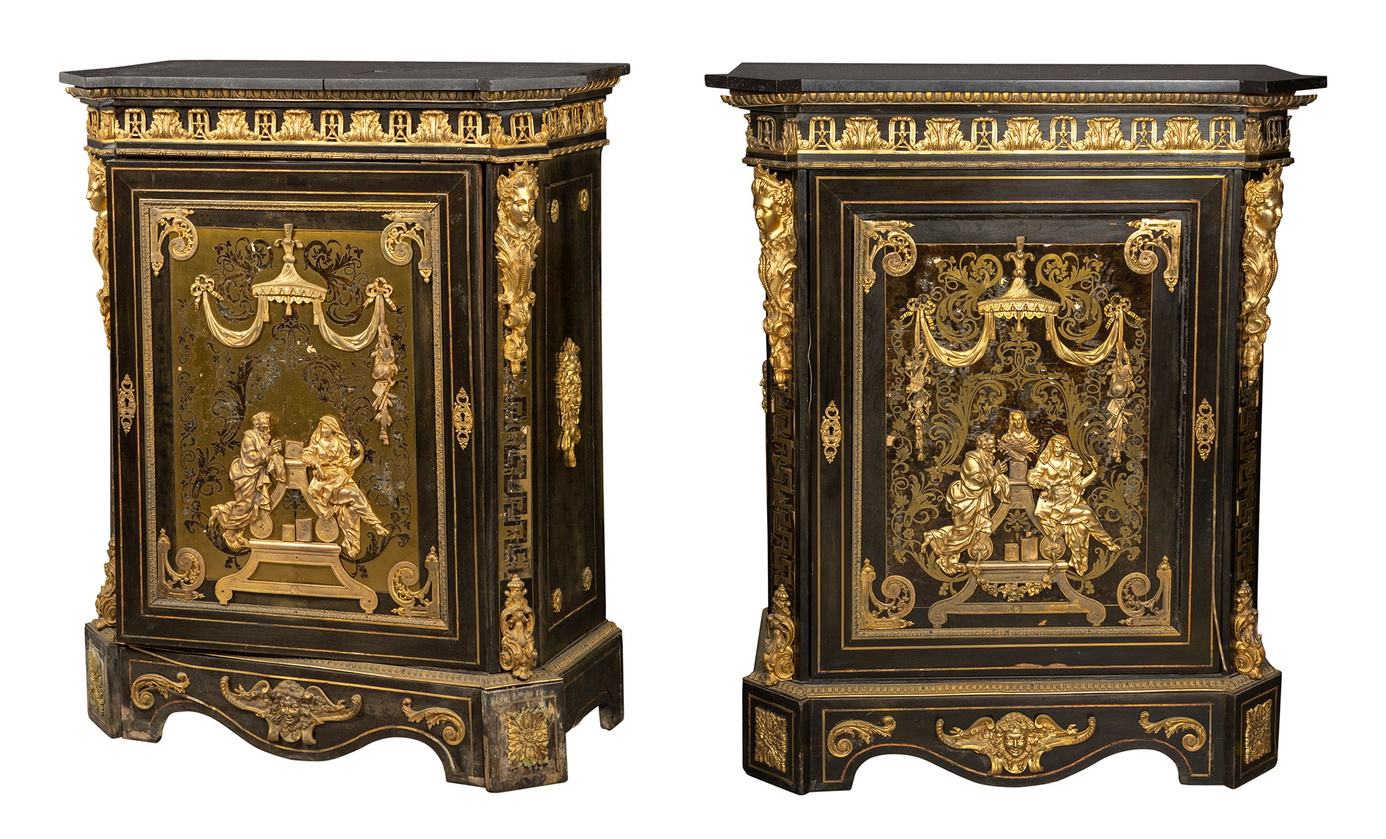 Lot image - Pair of Louis XIV Style Gilt Bronze Mounted and Ebonized Boulle Inlaid Side Cabinets