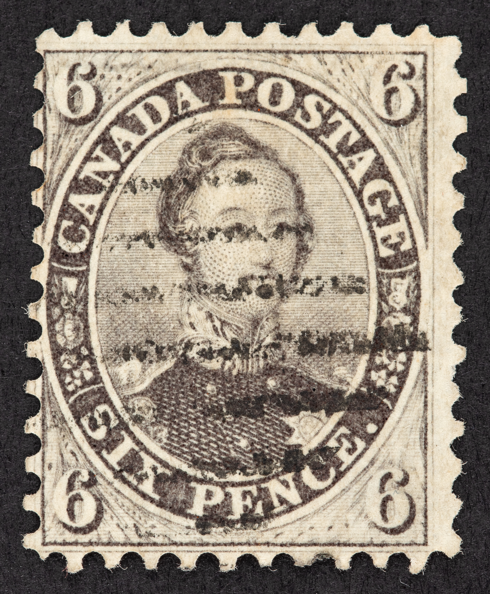 Lot image - Canada 1858-59 Wove Paper 6 Pence Brown Violet Used Scott 13 $7,500