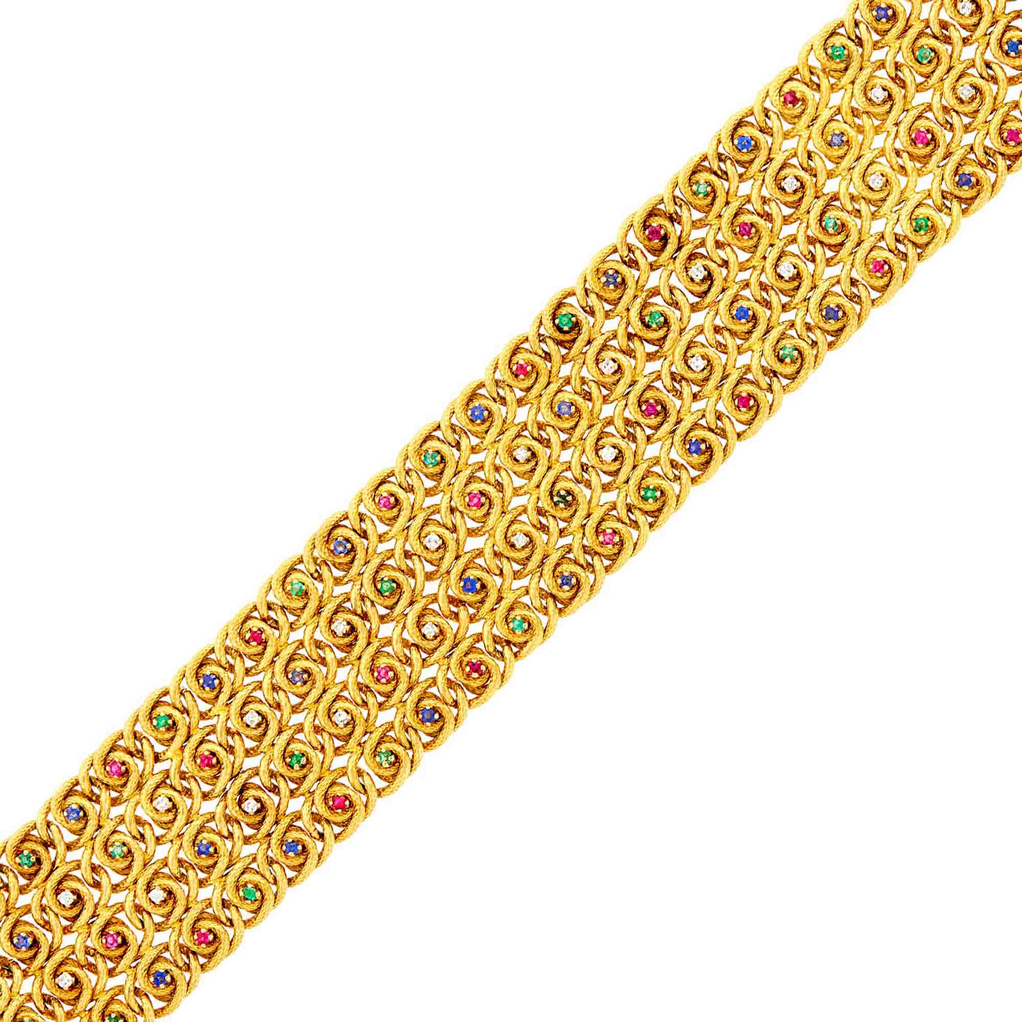 Lot image - Wide Gold, Ruby, Sapphire, Emerald and Diamond Bracelet