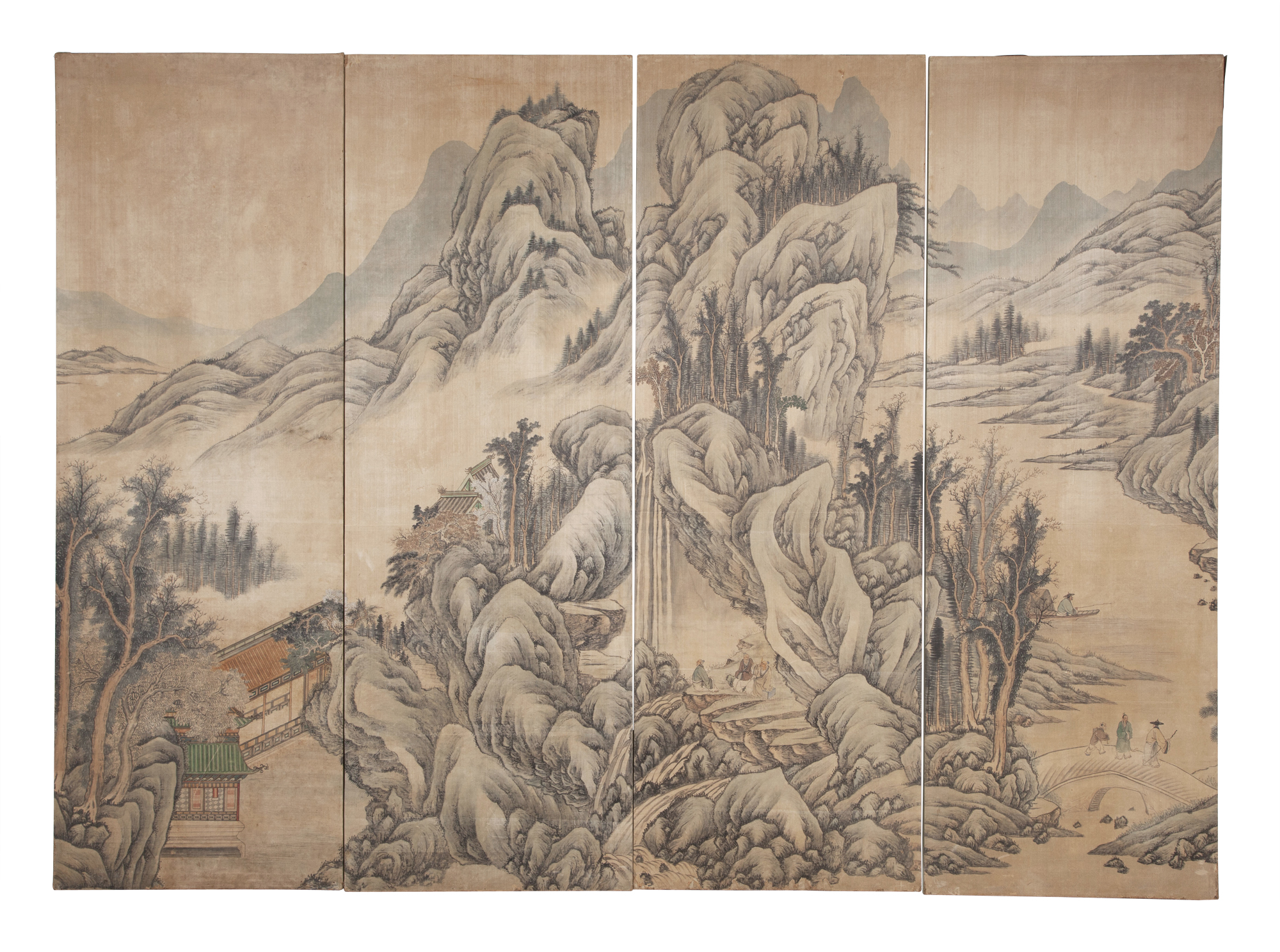 Lot image - A Chinese Painted Four-Panel Floor Screen