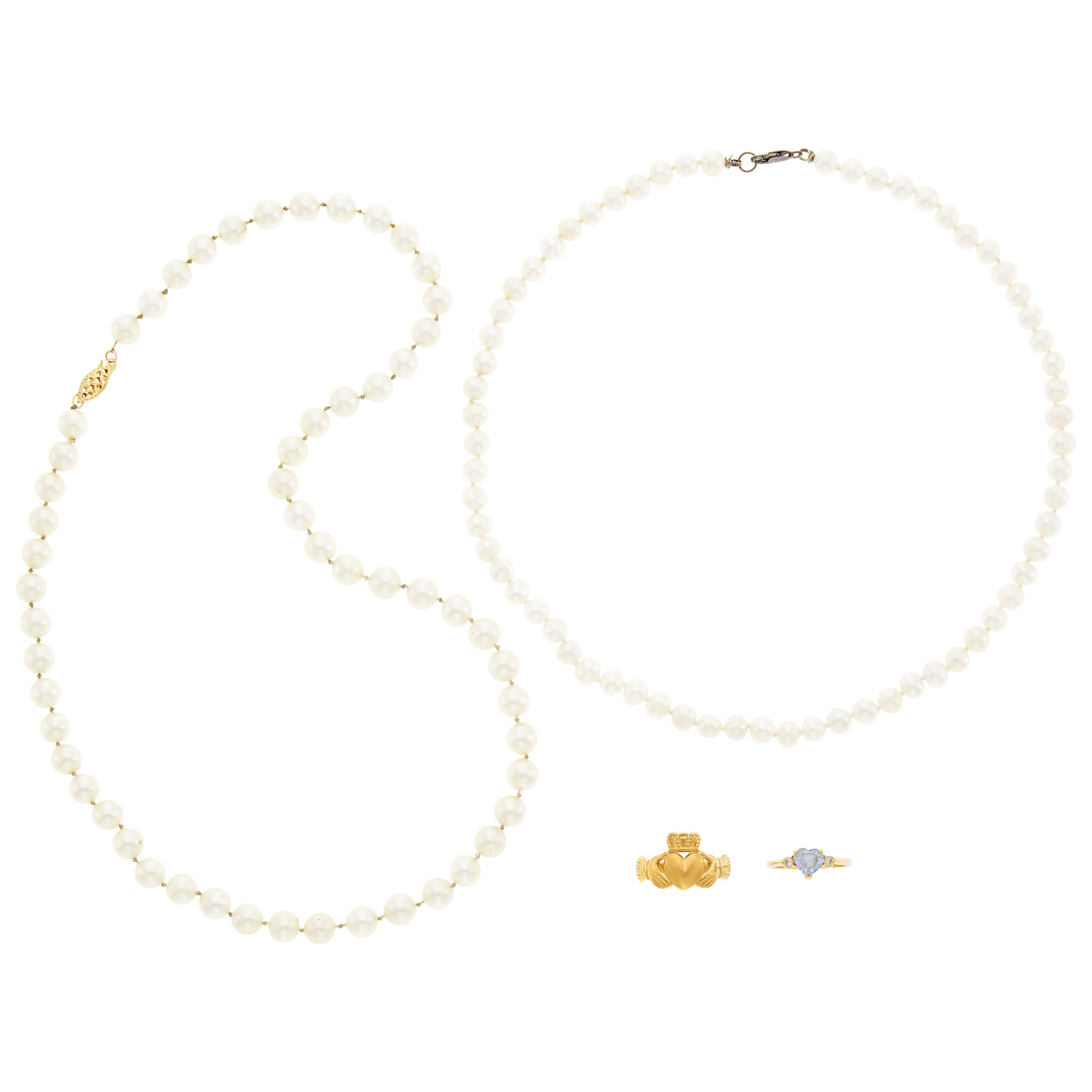 Lot image - Two Cultured and Freshwater Pearl Necklaces, Gold Ring and Low Karat Gold Claddah Ring