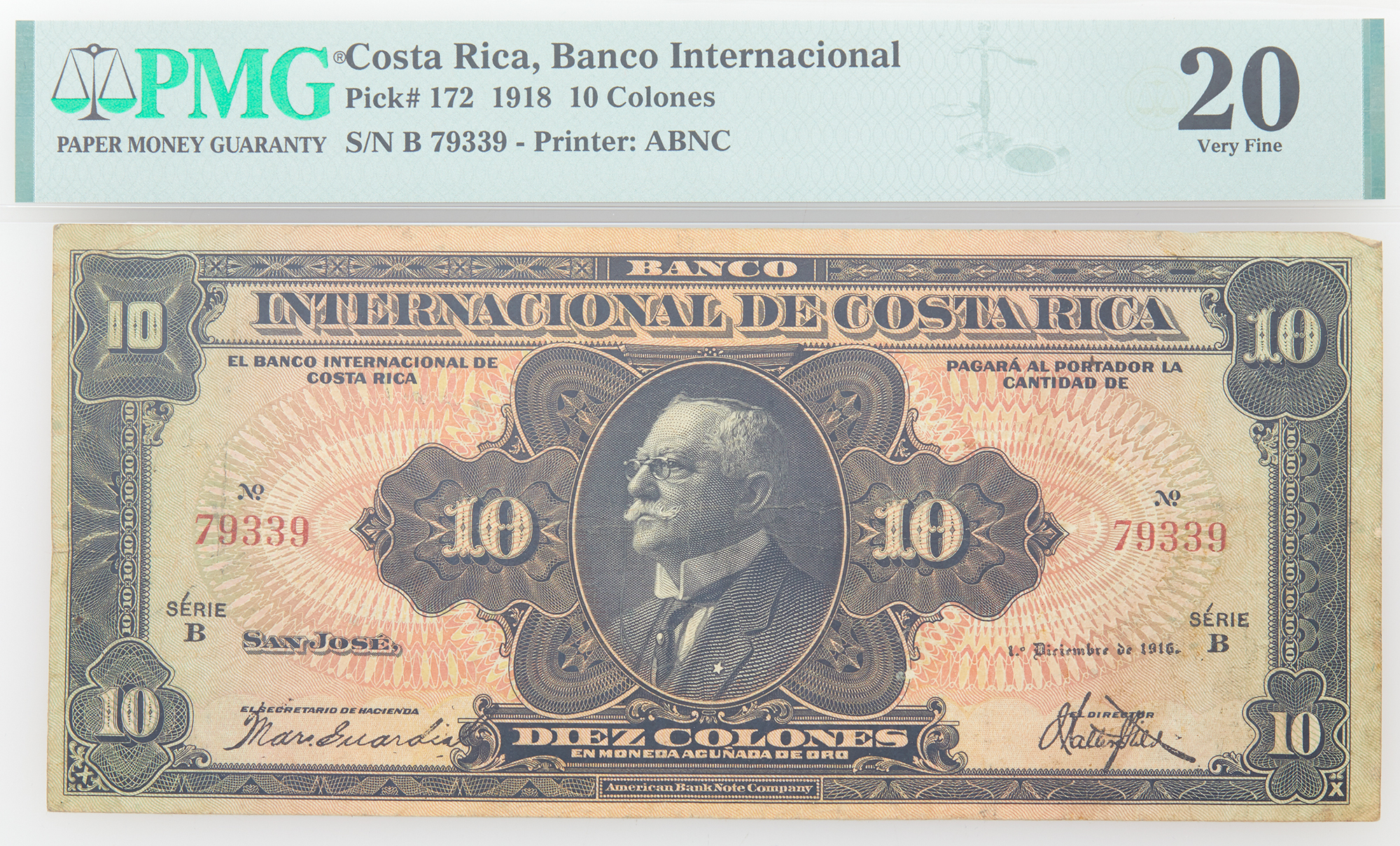 Lot image - Costa Rica, Banco Internacional Series C 1918 Diez Colones Pick# 172 PMG 20