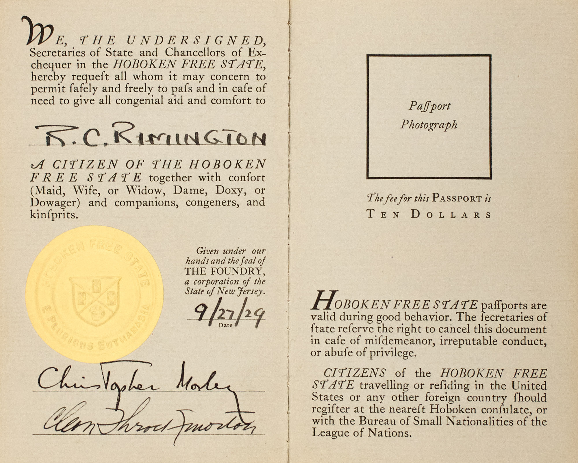 Lot image - MORLEY, CHRISTOPHER  Passport. Hoboken Free State.