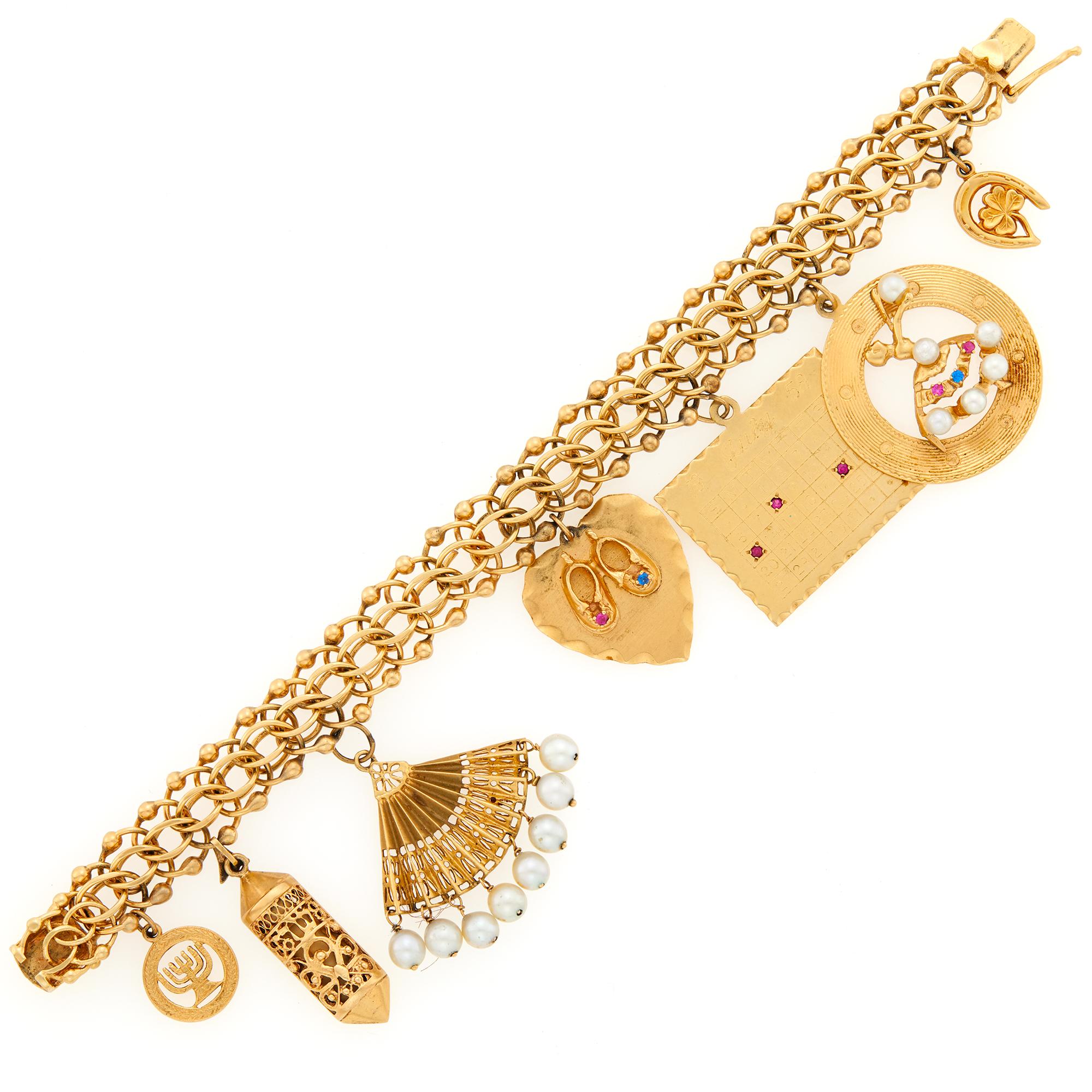 Lot image - Gold, Simulated Gem-Set and Cultured Pearl Charm Bracelet