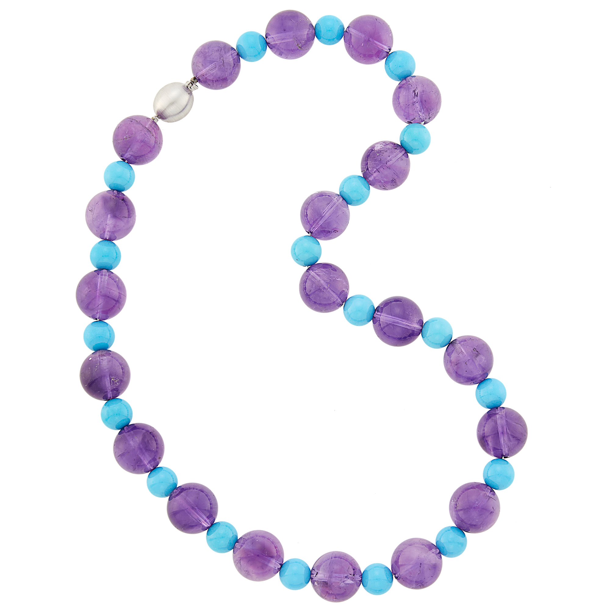 Lot image - Turquoise and Amethyst Bead Necklace with White Gold Clasp