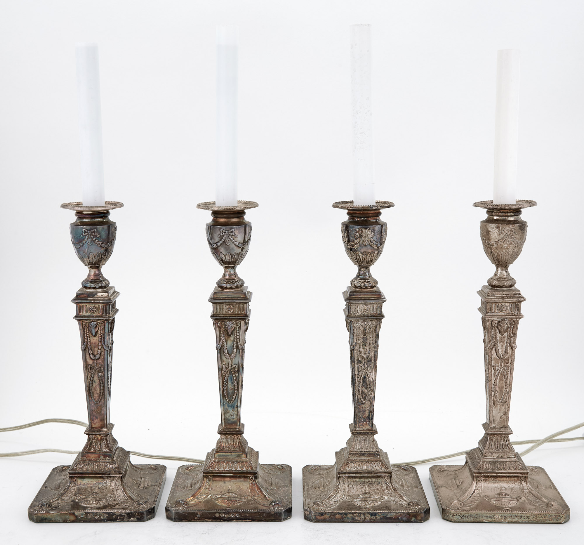Lot image - Set of Four George III Style Silver Plated Lamps