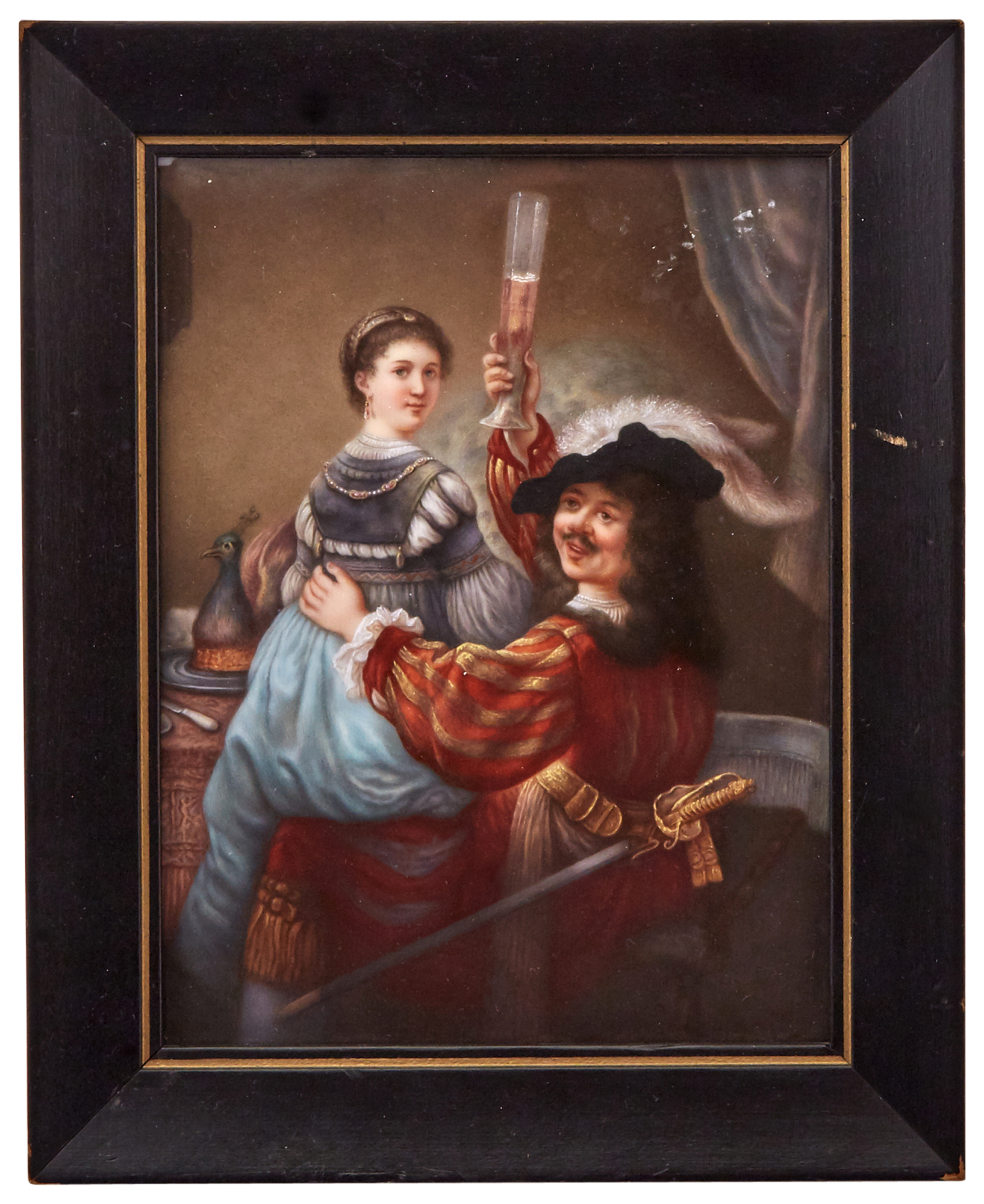 Lot image - Dresden Hand-Painted Porcelain Rectangular Plaque of Rembrandt and His Spouse, Saskia, in the Guise of the Prodigal Son in a Tavern