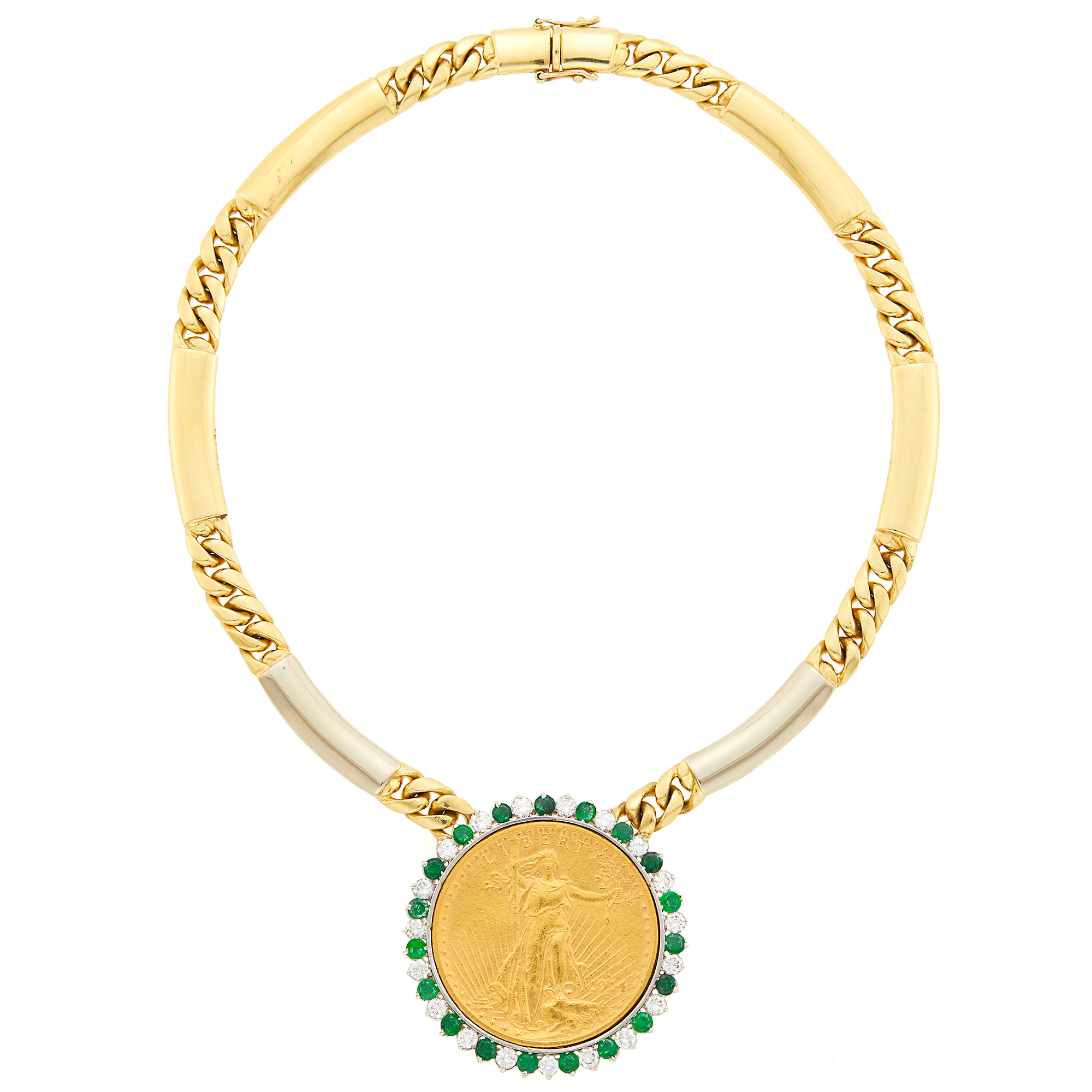 Lot image - Two-Color Gold, Gold Coin, Emerald and Diamond Pendant-Necklace
