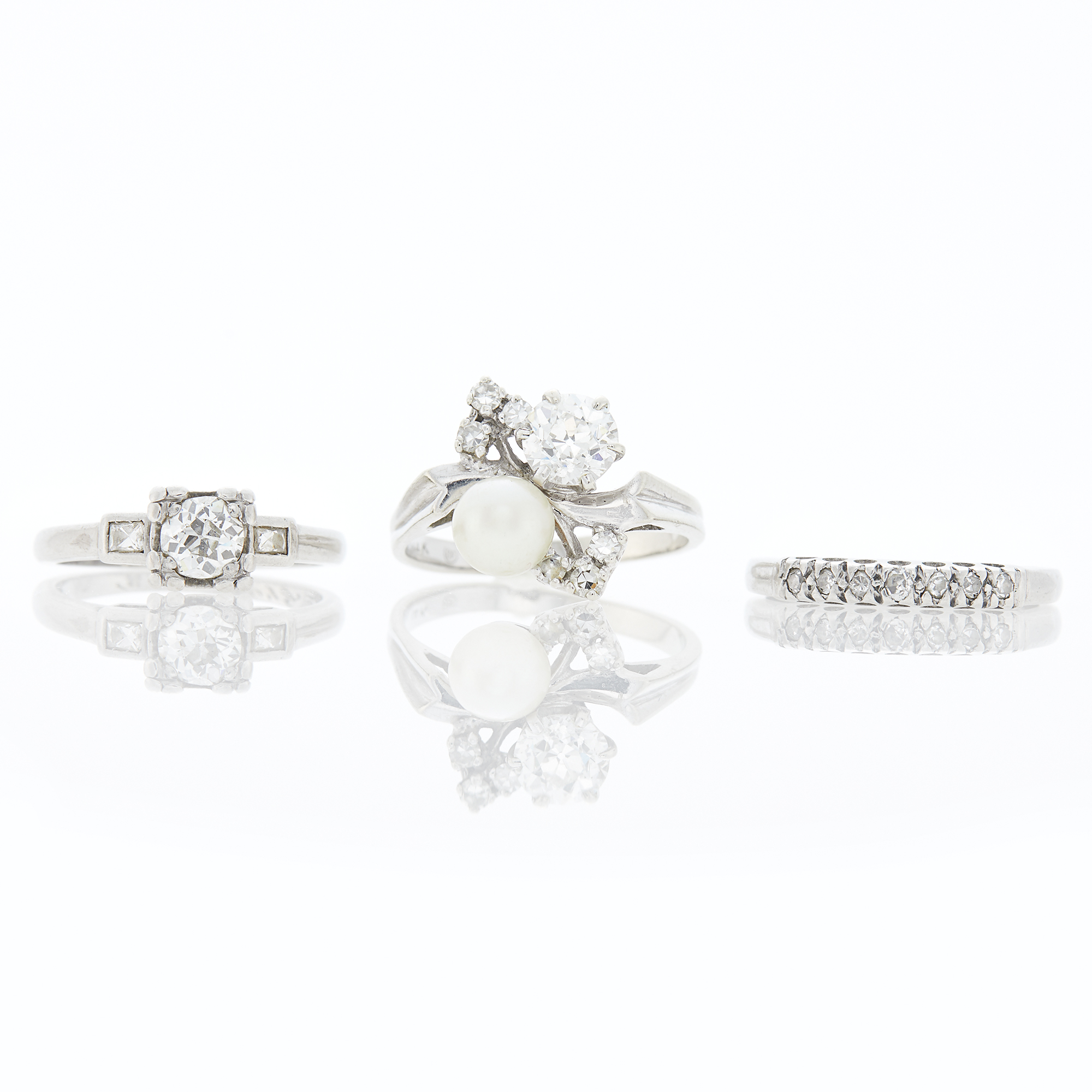 Lot image - Three Platinum, White Gold, Diamond and Cultured Pearl Rings