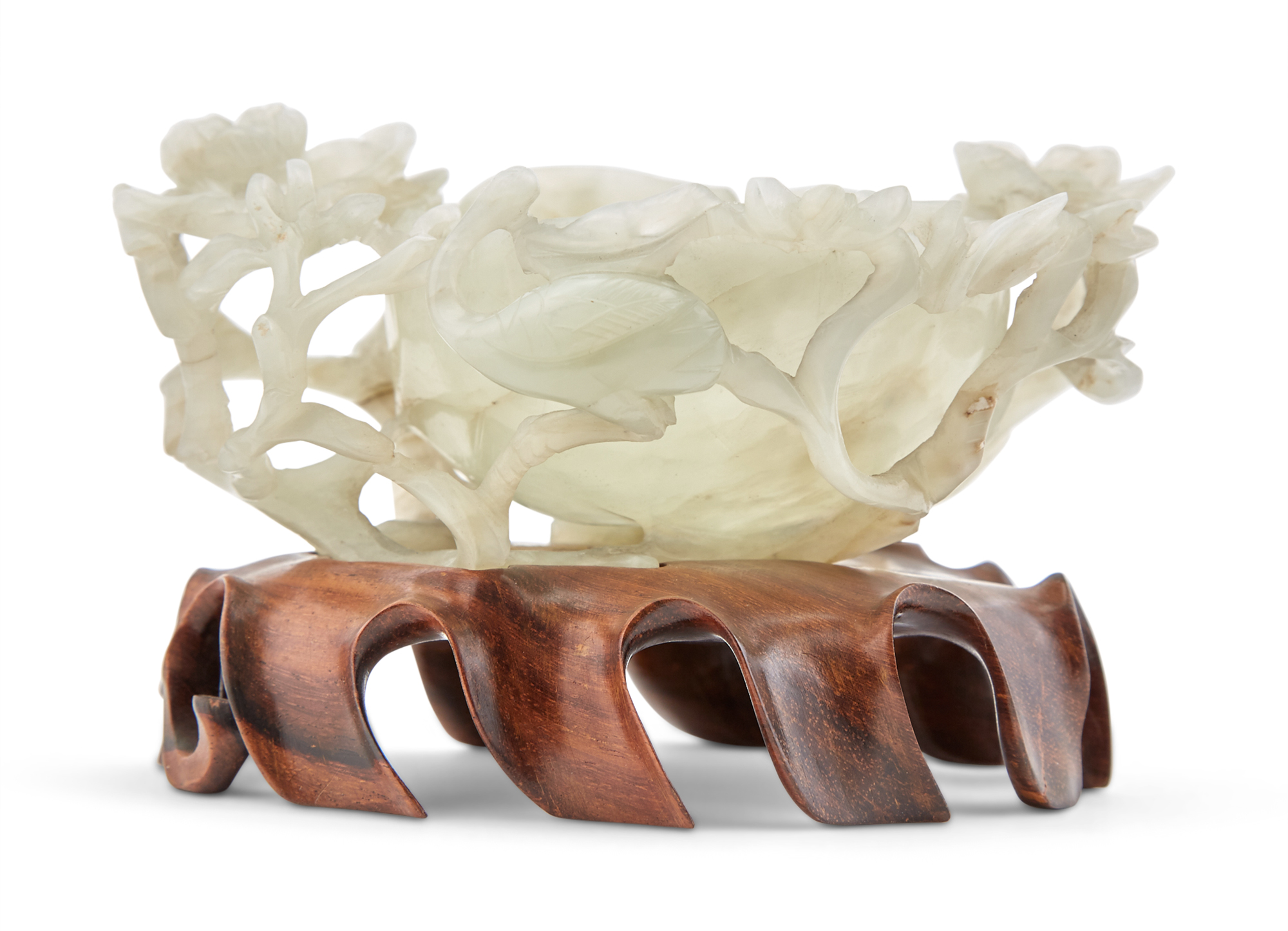 Lot image - A Chinese White Jade Floral Carved Brush Washer