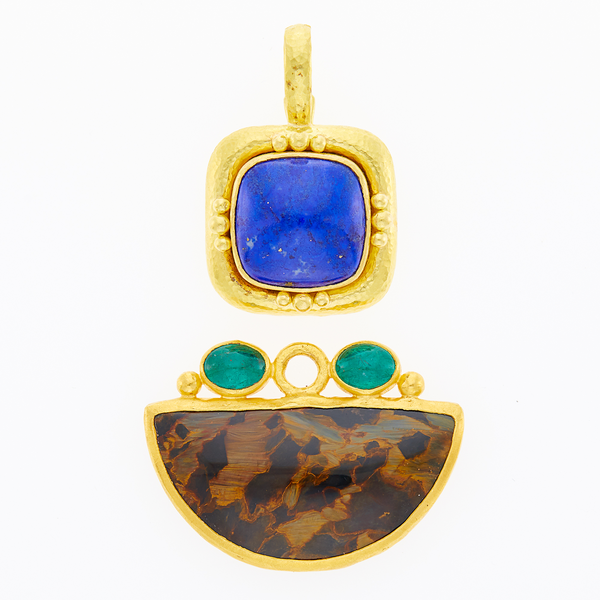 Lot image - Elizabeth Locke Gold and Lapis Pendant and Gurhan Gold, Hardstone and Cabochon Emerald Pendant