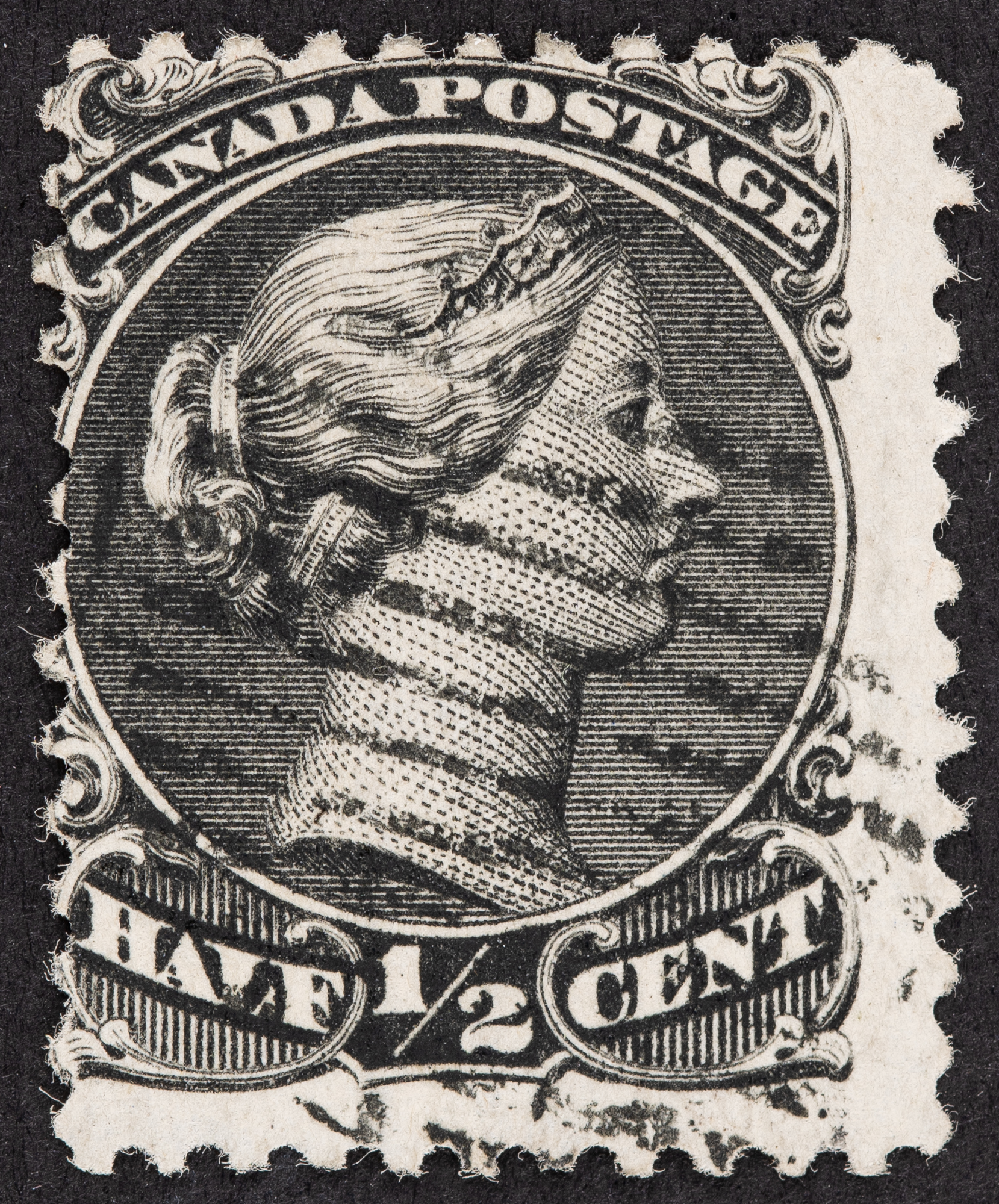 Lot image - Canada 1868-76 1/2 Cent Black Watermark L, Used Scott 21b $11,000