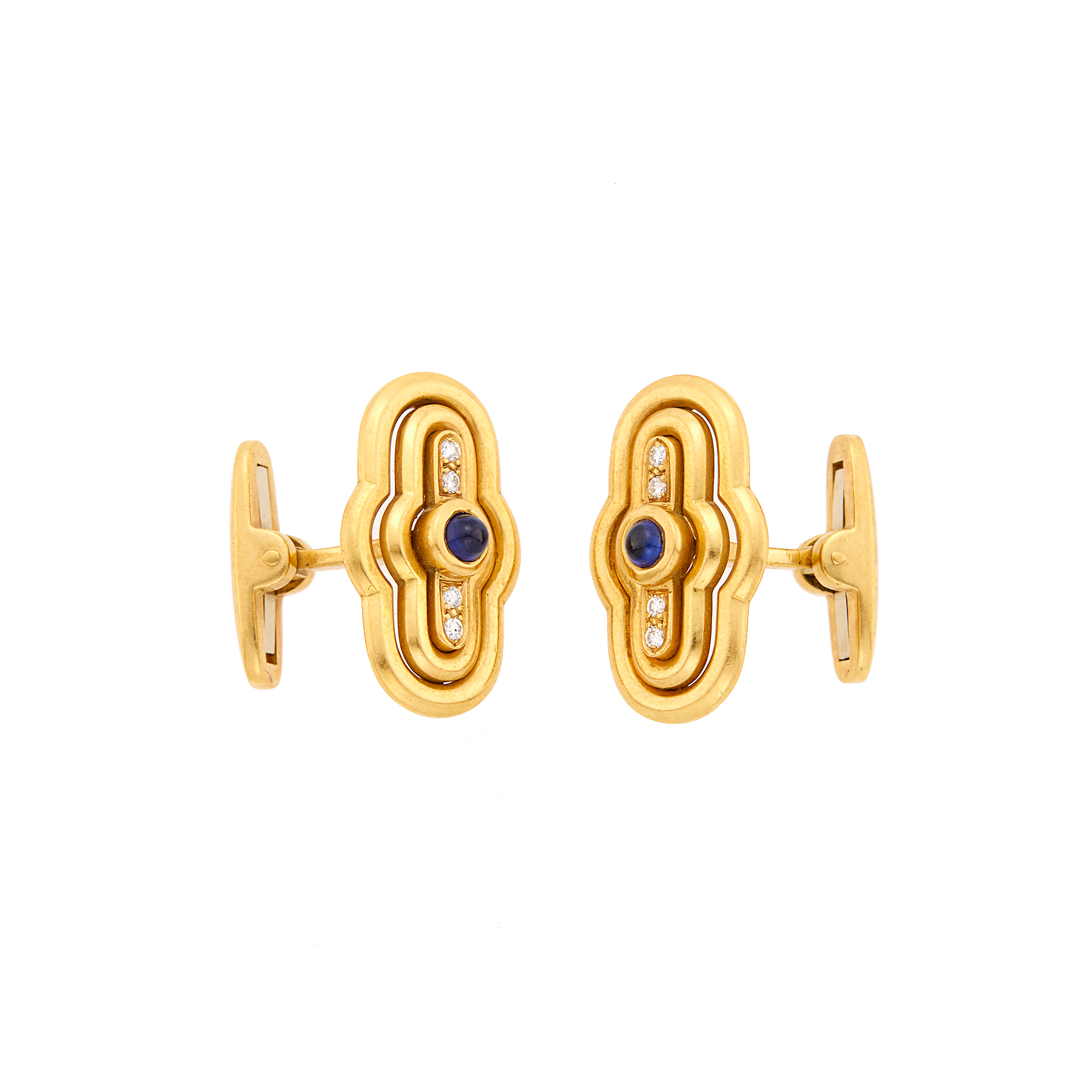 Lot image - Pair of Gold, Cabochon Sapphire and Diamond Cufflinks