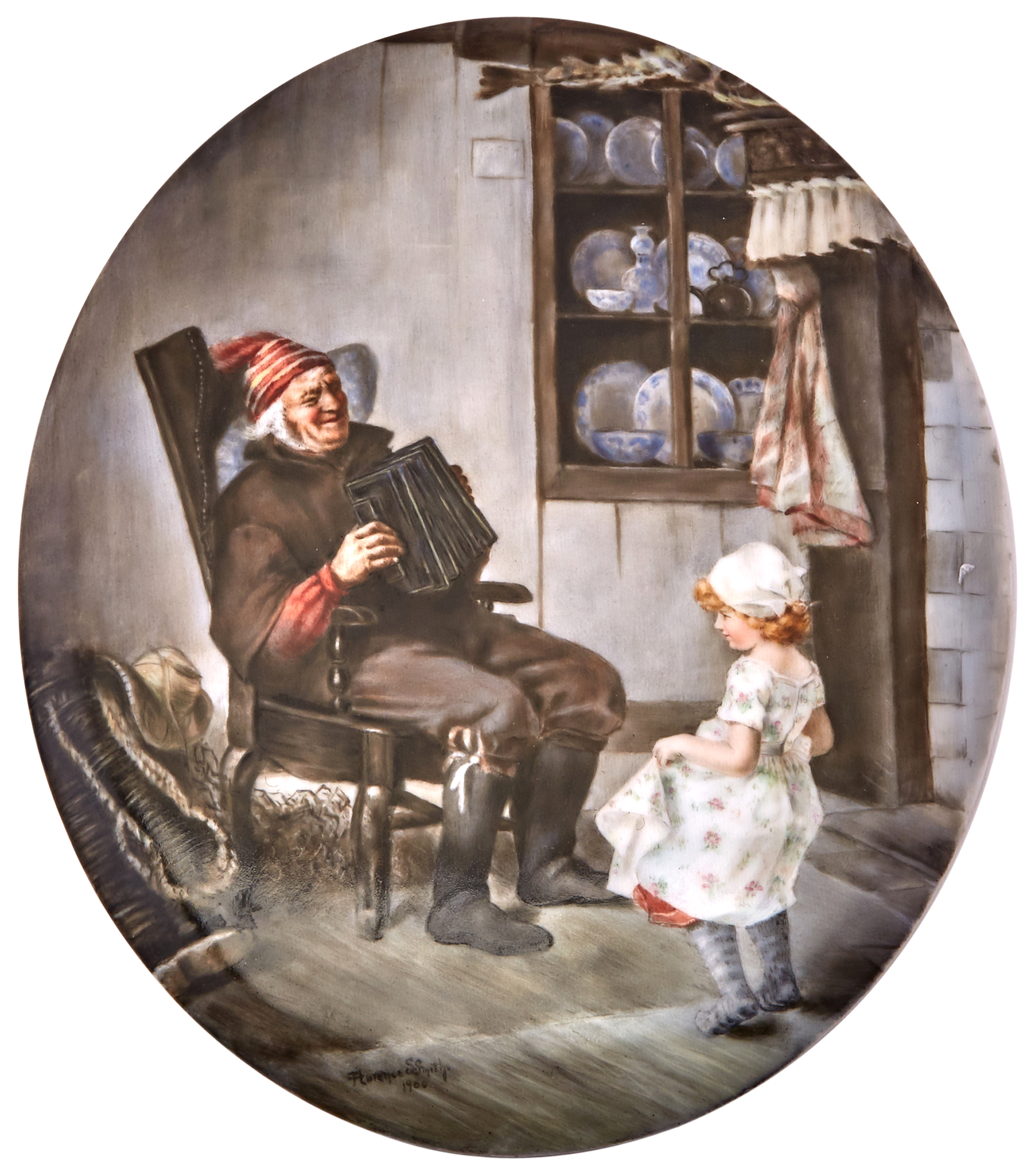 Lot image - Continental Hand-Painted Porcelain Oval Plaque of an Old Man with Accordion and Young Dancing Girl