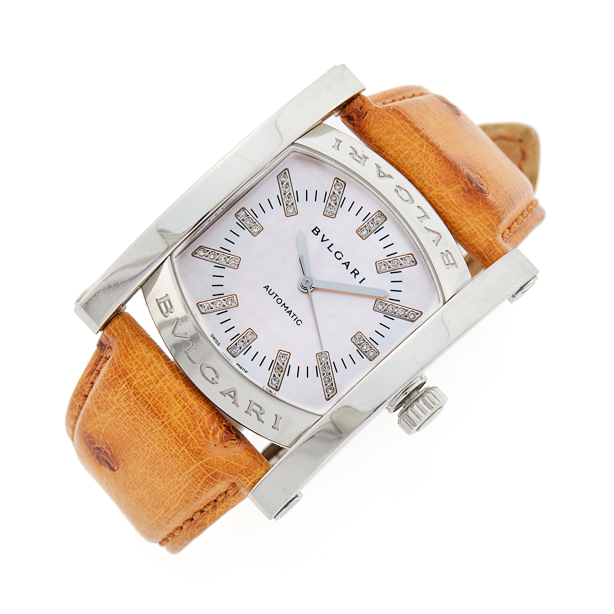 Lot image - Bulgari Stainless Steel, Mother-of-Pearl and Diamond Assioma Wristwatch