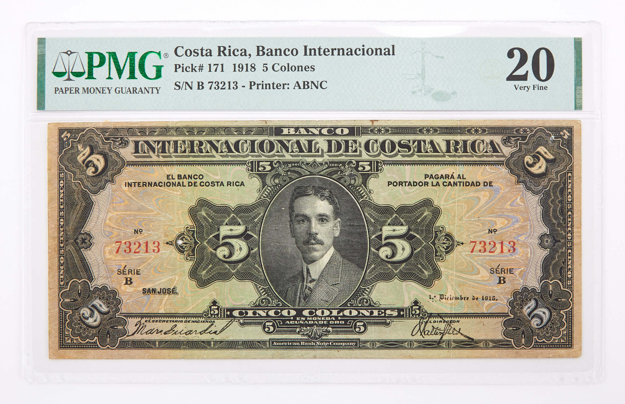 Lot image - Costa Rica, Banco International Series B Provisional 1916 Cinco Colones Pick# 171 PMG 20