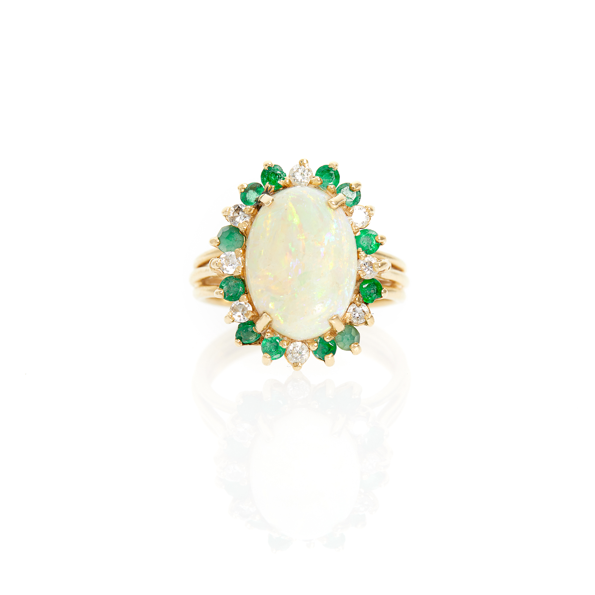 Lot image - Gold, White Opal, Emerald and Diamond Ring