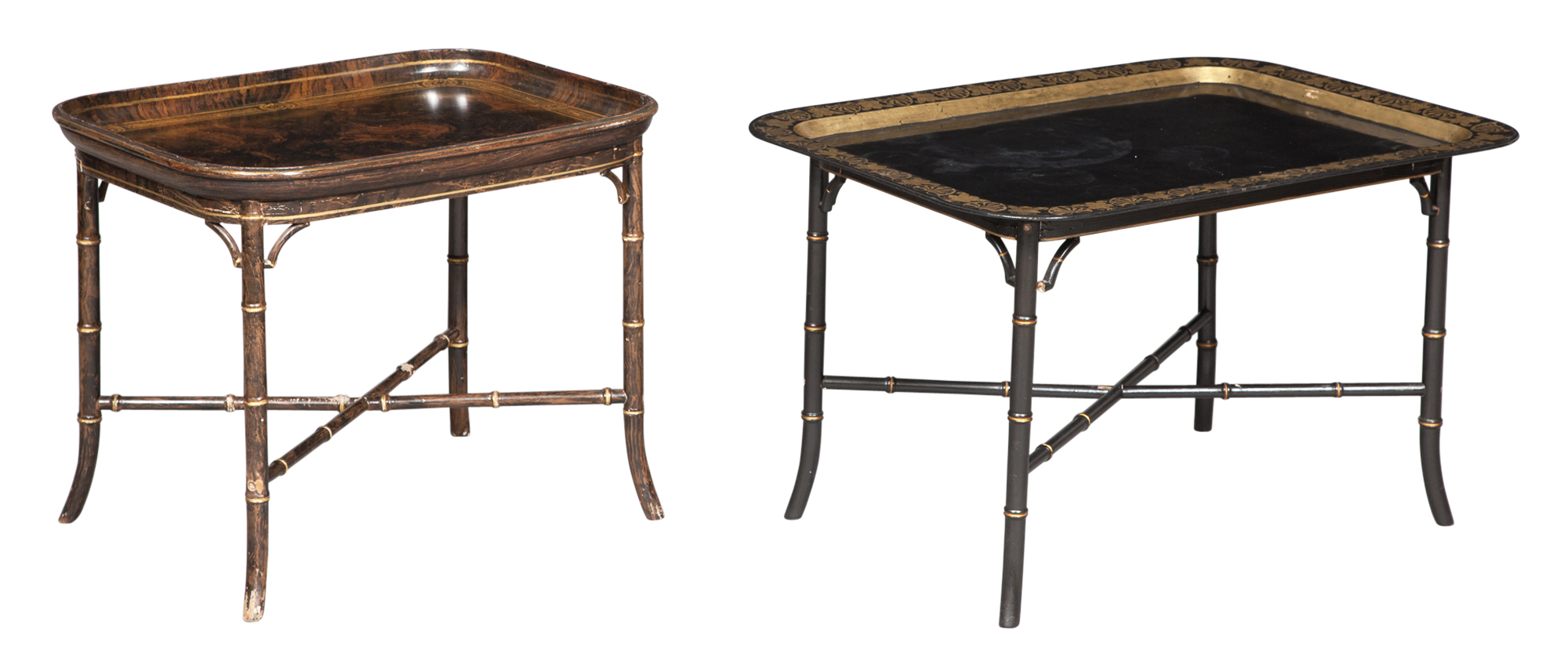 Lot image - Black and Parcel-Gilt Tôle-Peinte Tray on Stand