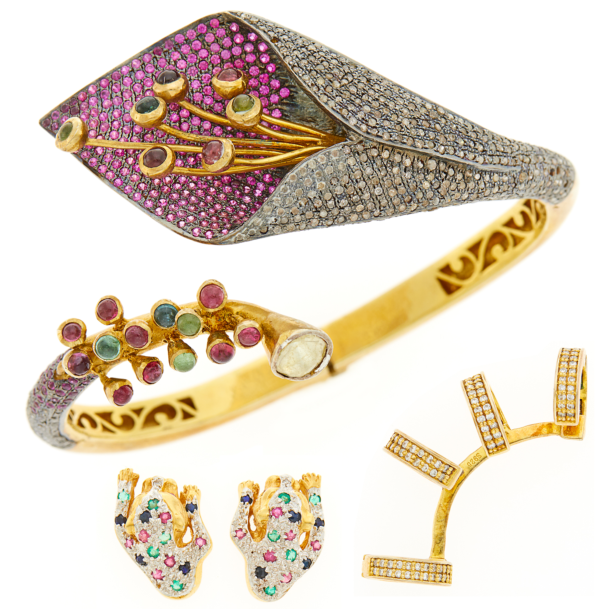 Lot image - Silver-Gilt, Diamond and Colored Stone Calla Lily Bangle Bracelet, Diamond Enhancer and Pair of Gold and Gem-Set Earrings
