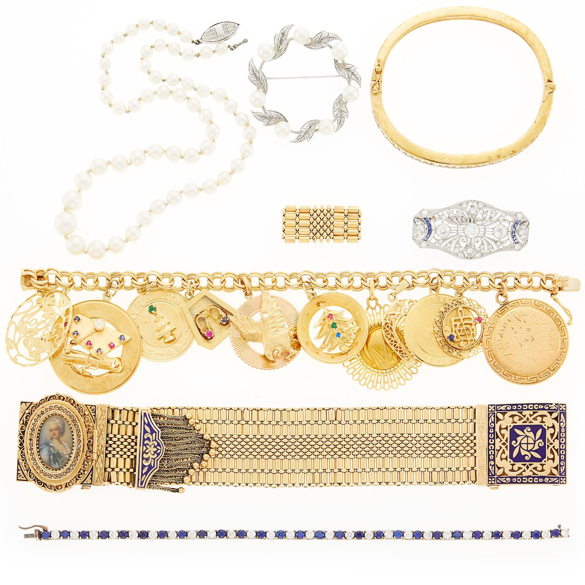 Lot image - Group of Platinum, Gold, Silver and Metal Jewelry and Costume Jewelry