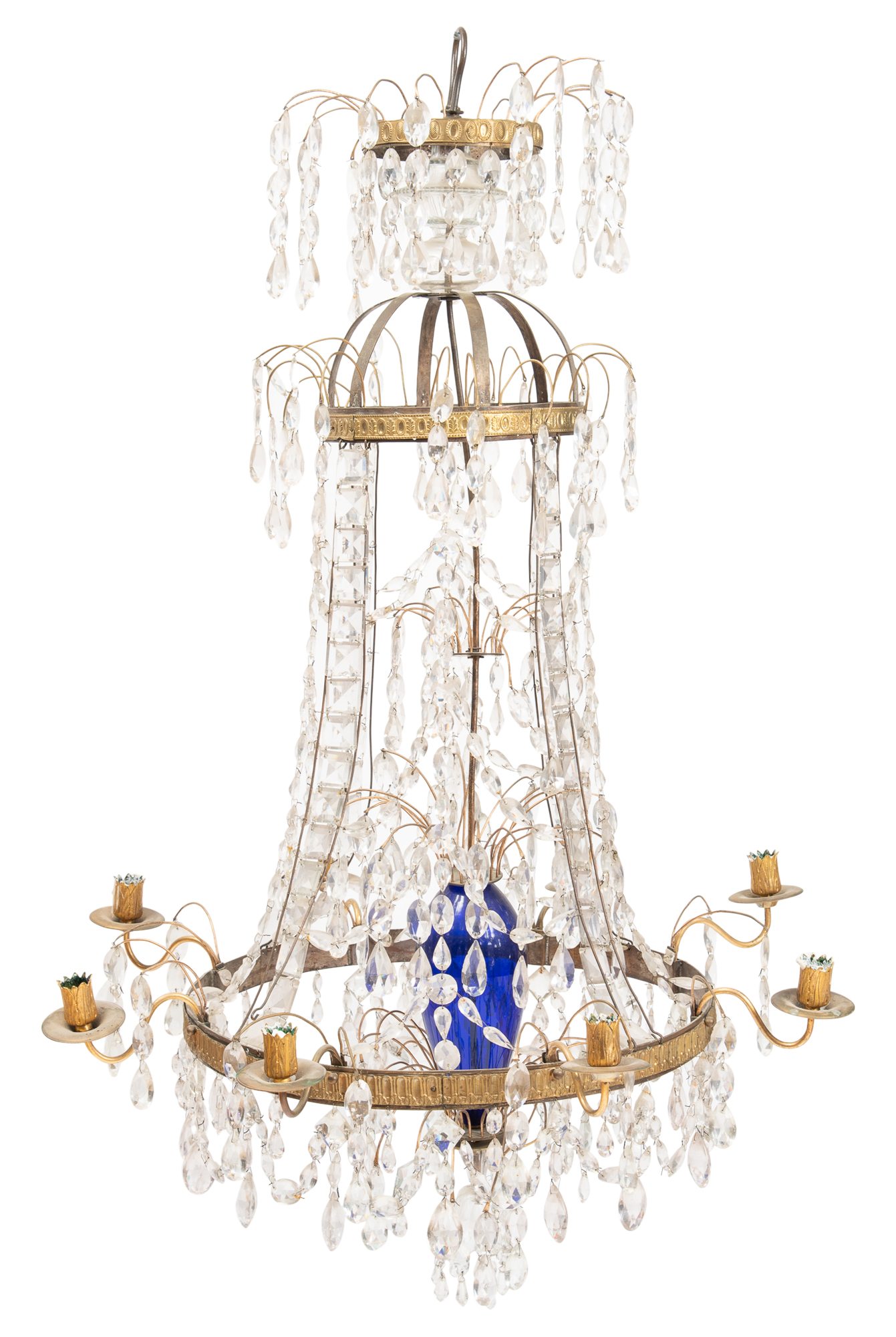 Lot image - Baltic Neoclassical Style Gilt-Bronze, Cut Glass and Cobalt Glass Eight-Light Chandelier