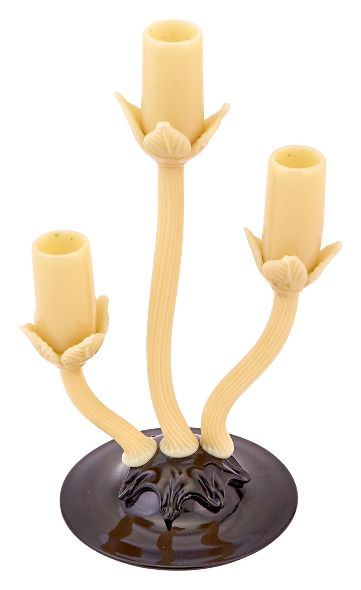 Lot image - Carder Steuben Art Deco Ivory and Mirror Black Glass Three-Light Candelabrum