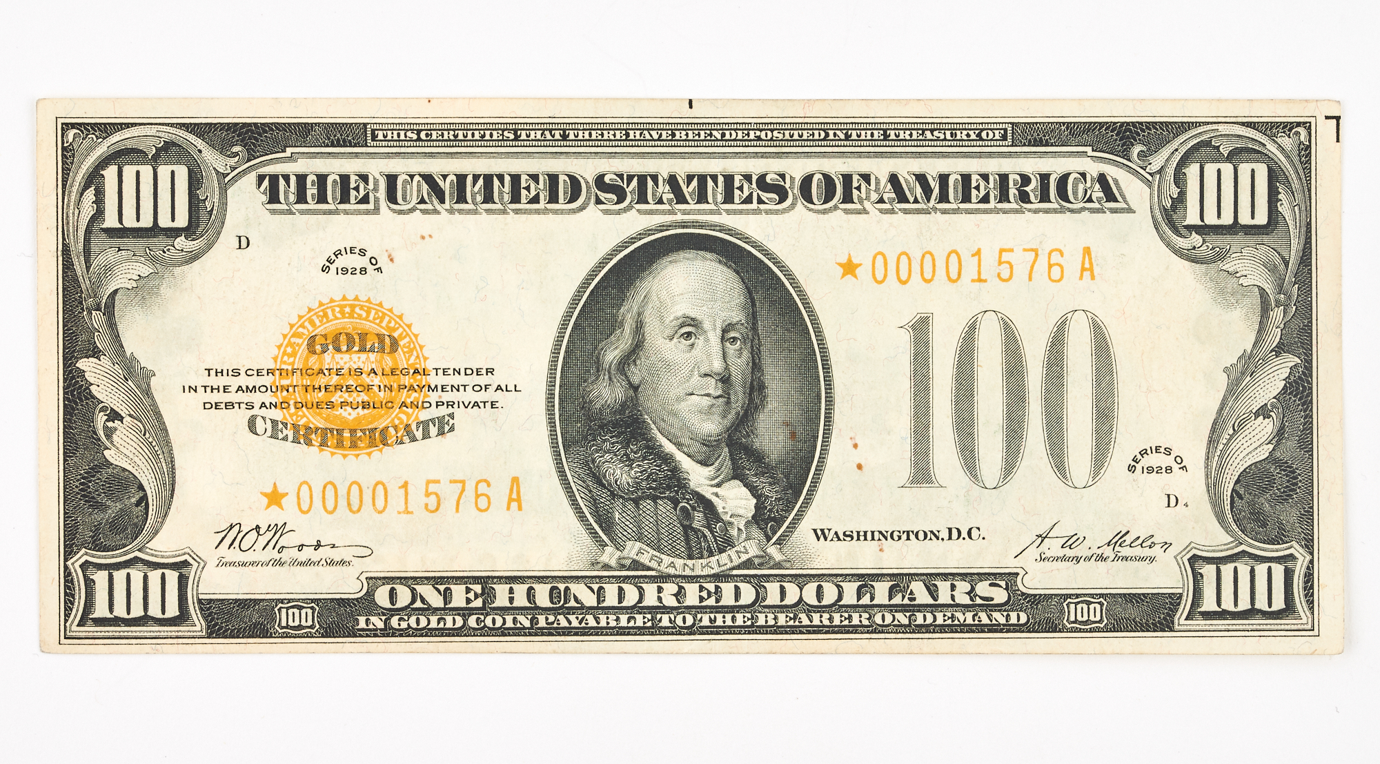 Lot image - United States 1928 $100 STAR Gold Certificate