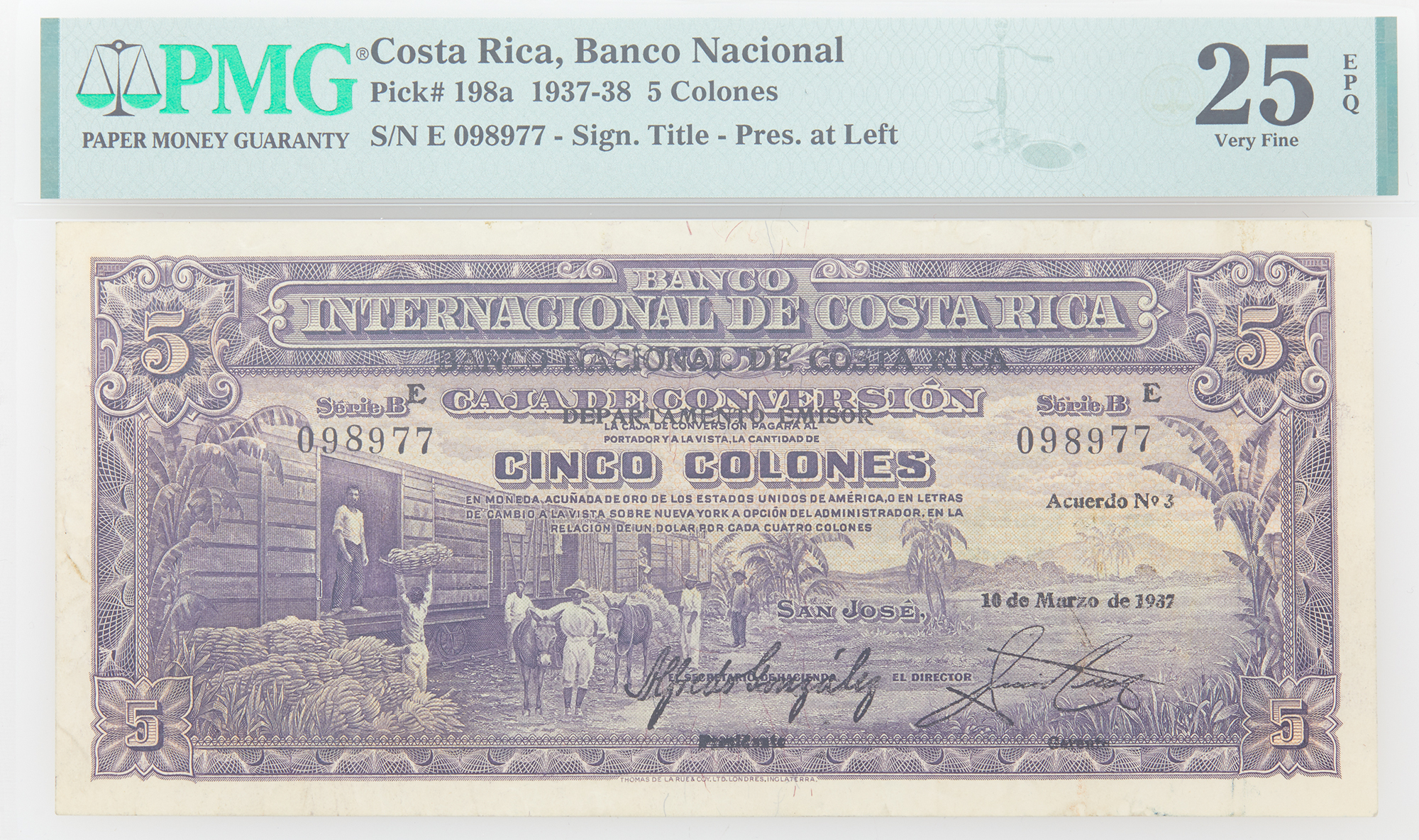 Lot image - Costa Rica, Series B Provisional 1937-38 Cinco Colones Pick # 198a PMG25 EPQ
