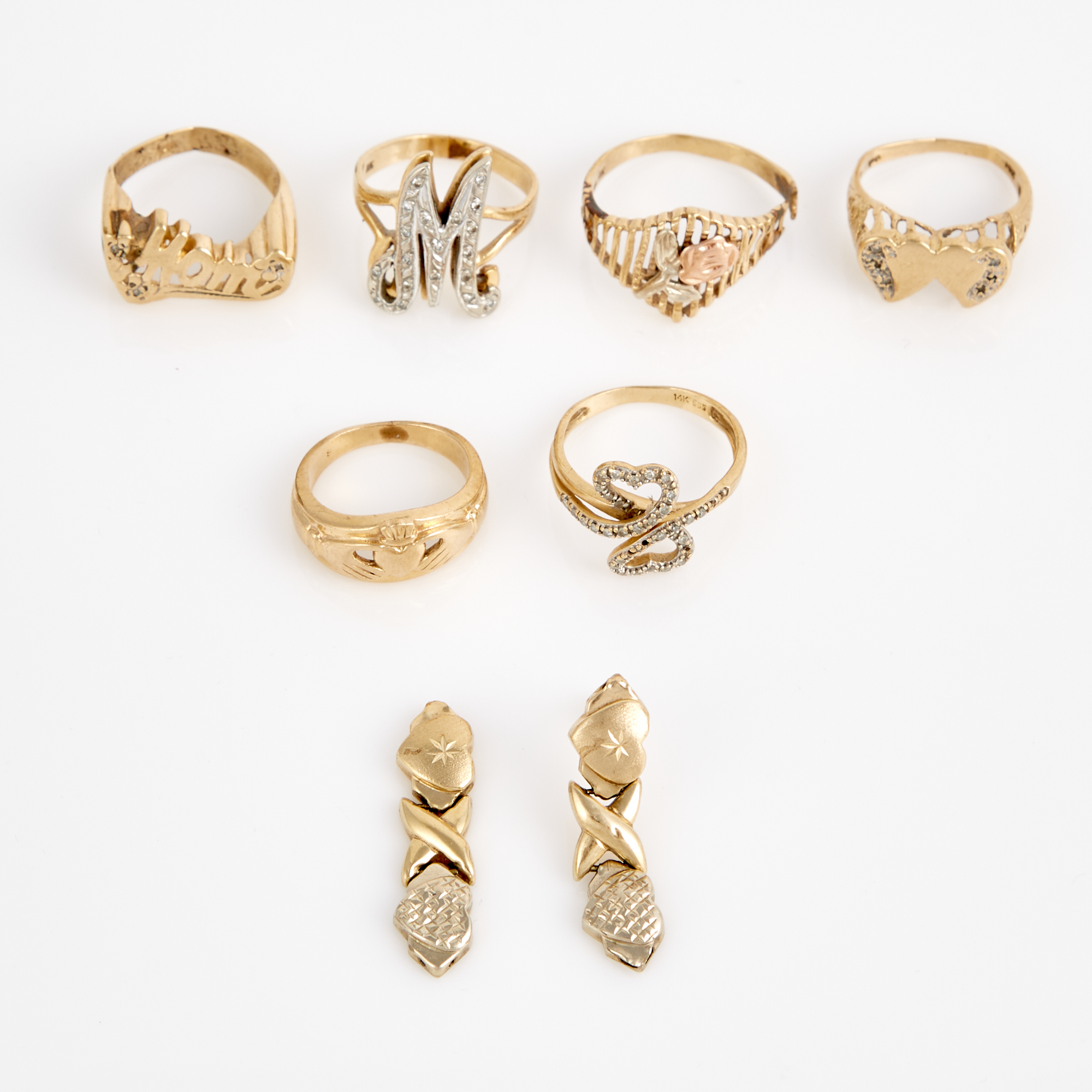 Lot image - Four Diamond Rings, Two Gold Rings and Two Earrings, 14K 16 dwt., stones missing and damaged