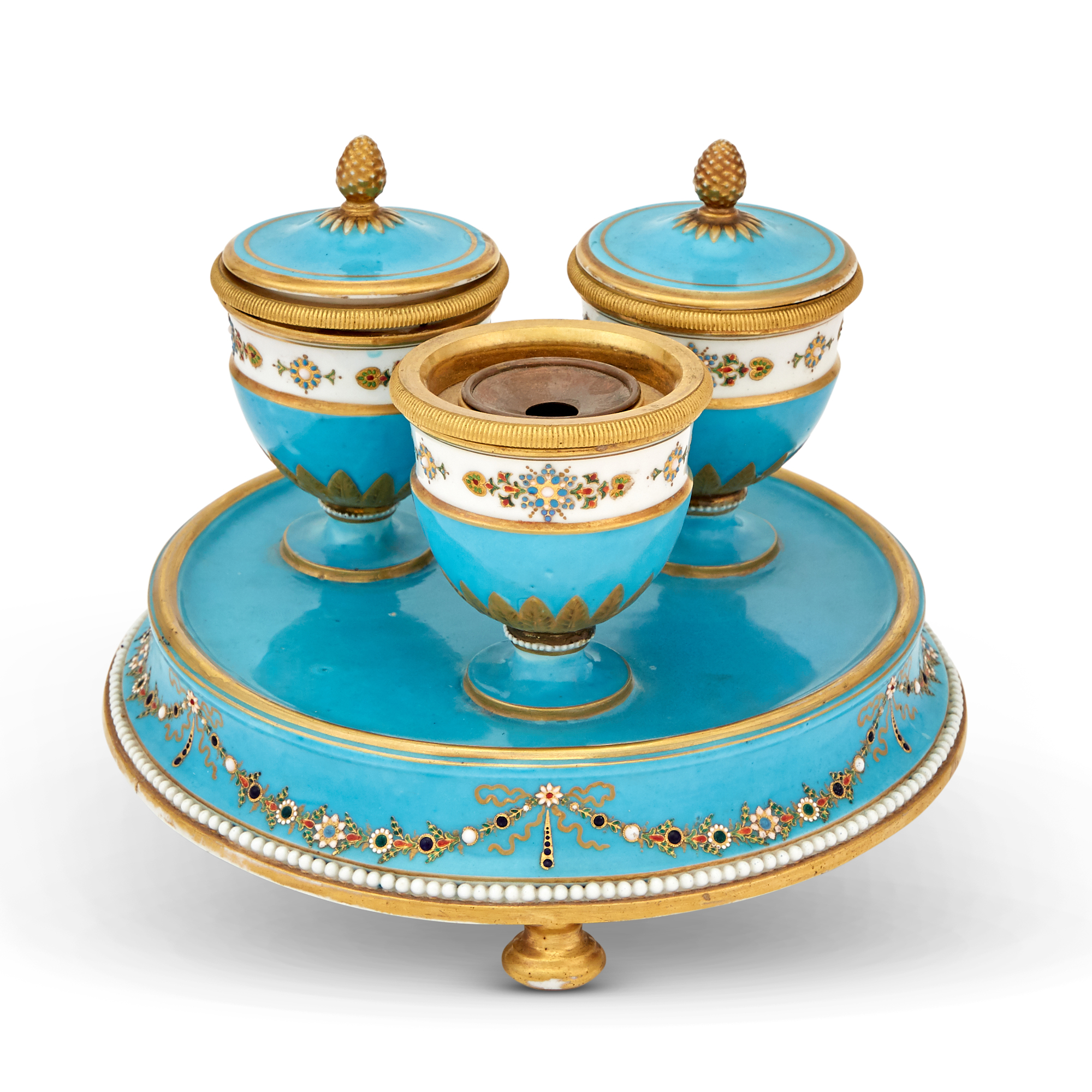 Lot image - Sèvres Style Turquoise Ground Porcelain Inkstand
