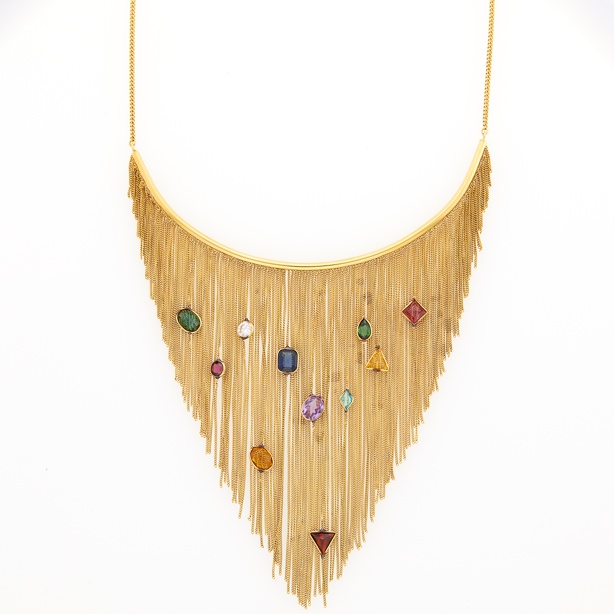 Lot image - Gold, Colored Stone and Simulated Diamond Fringe Necklace