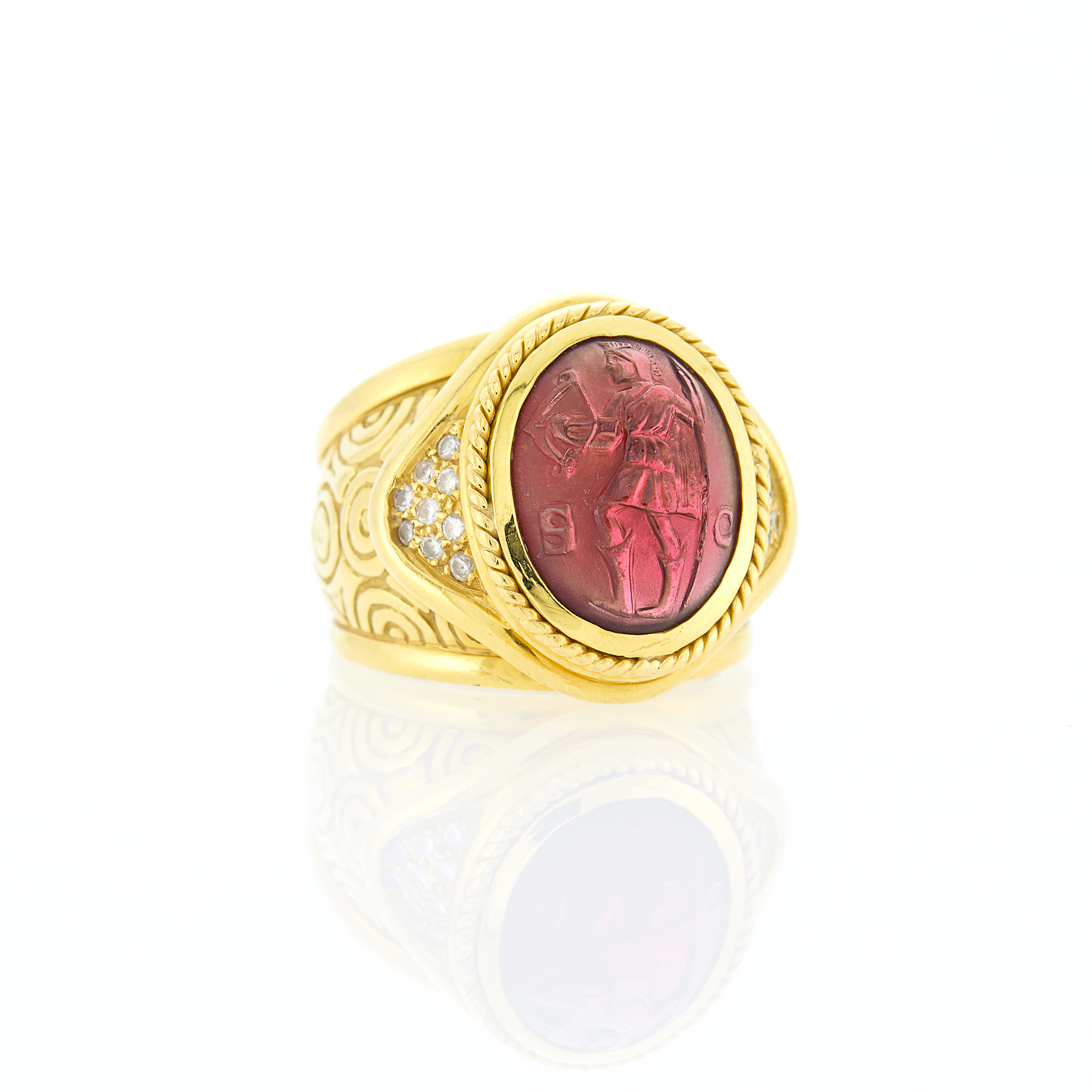 Lot image - Danuta Gold, Garnet Cameo and Diamond Celtic Ring