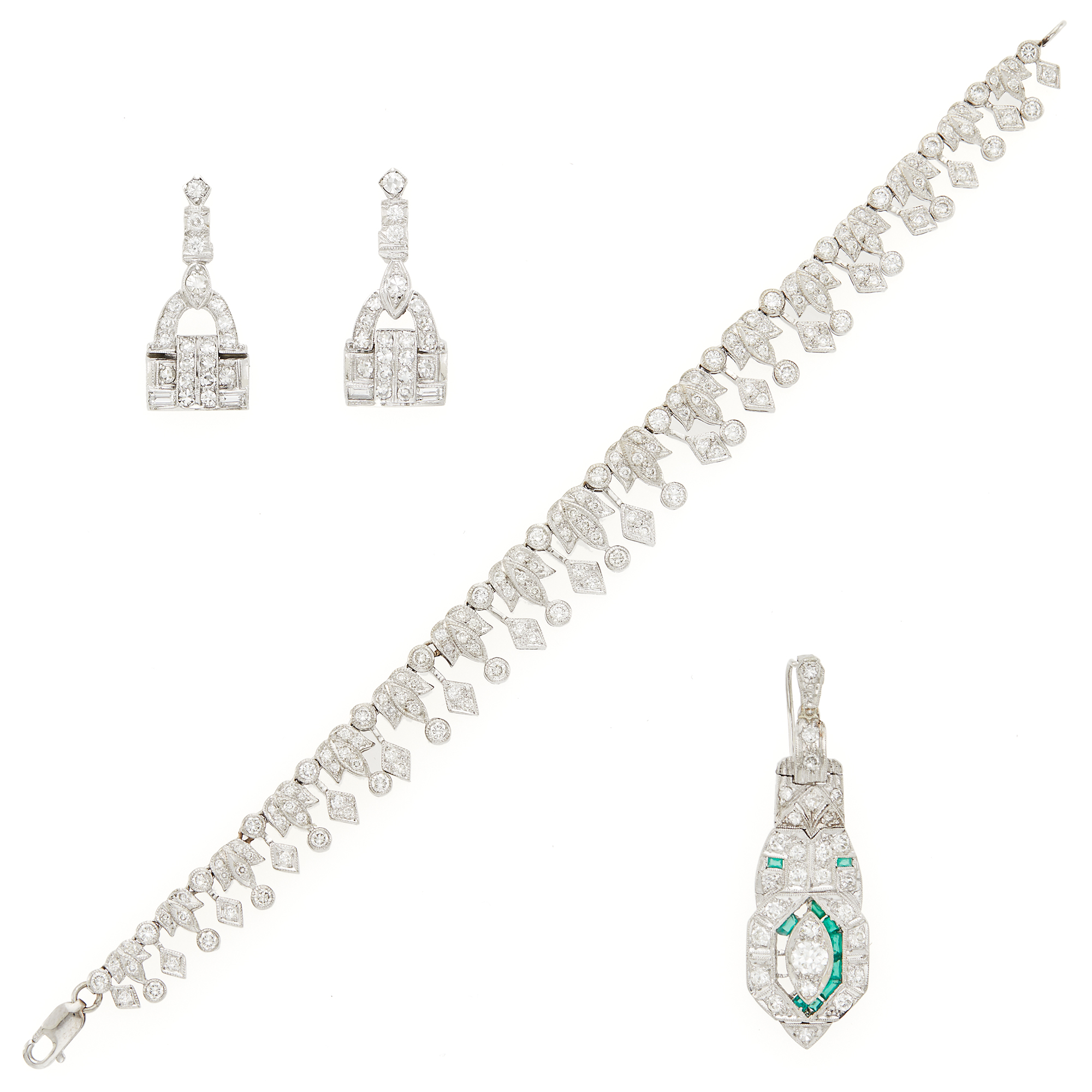 Lot image - Platinum, White Gold, Diamond and Synthetic Emerald Enhancer, Pair of Earrings and Bracelet