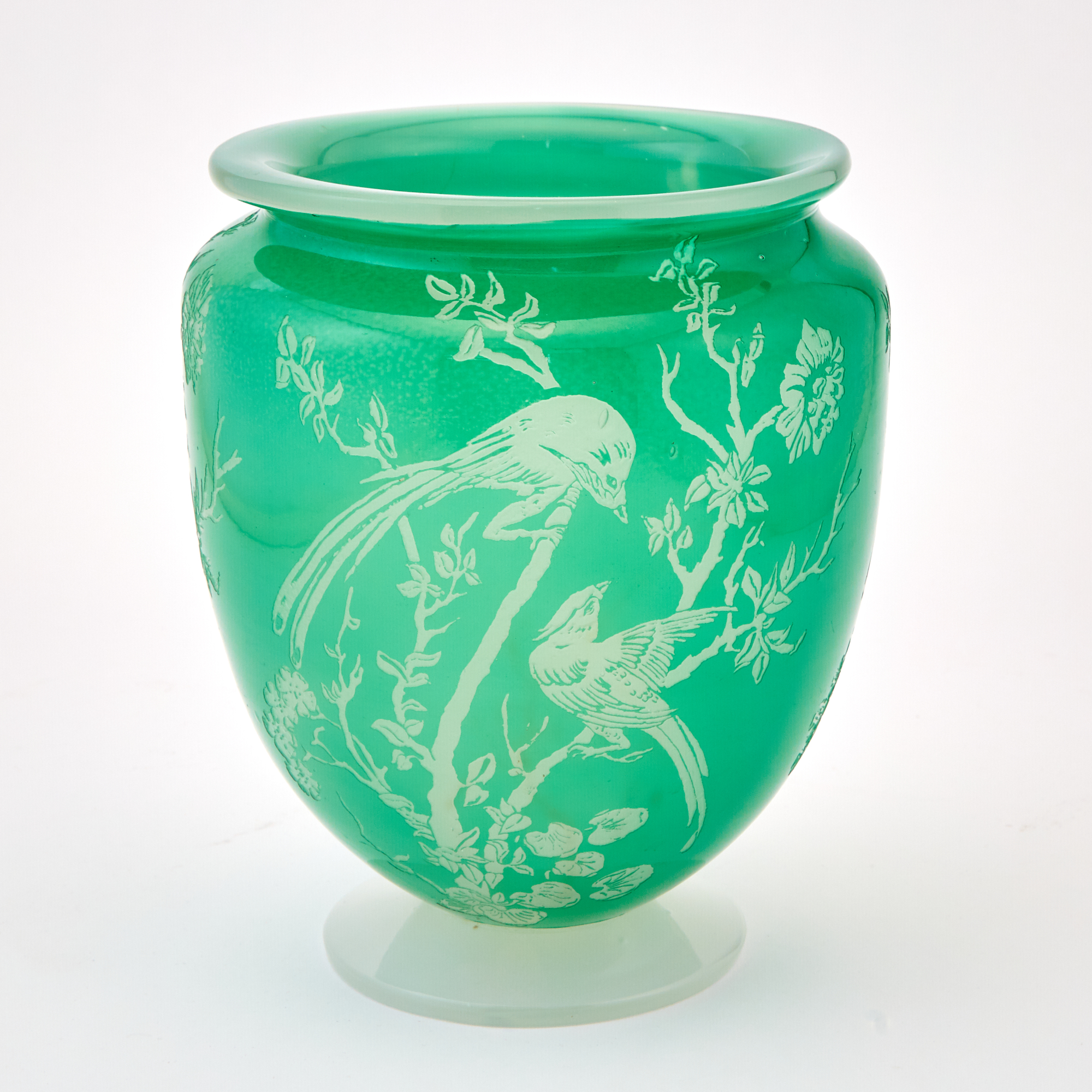Lot image - Carder Steuben Acid-Etched Green Jade and Alabaster Cameo Glass Vase