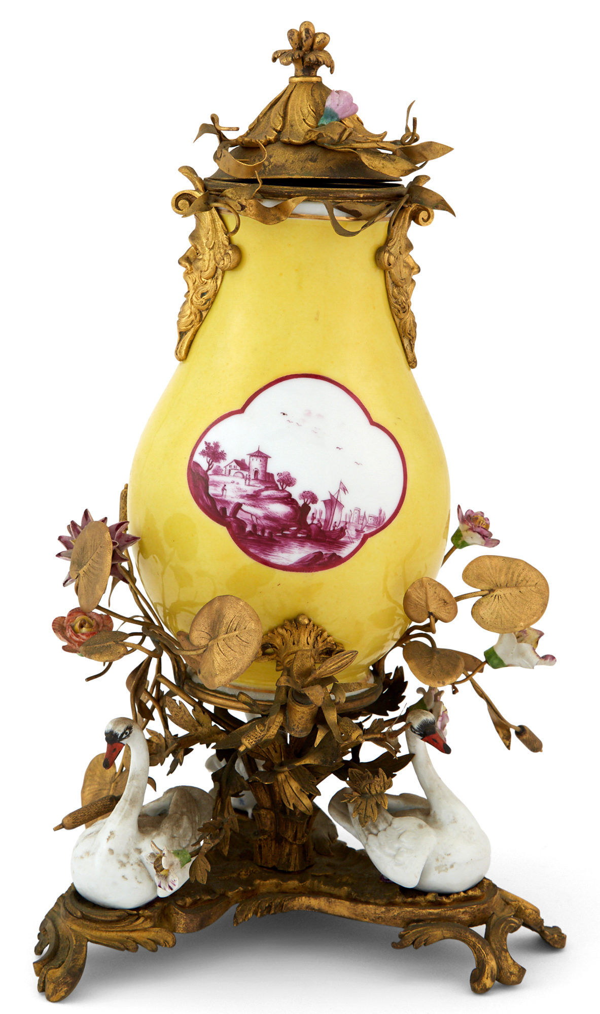 Lot image - Meissen Gilt-Metal and Yellow Ground Porcelain Covered Urn