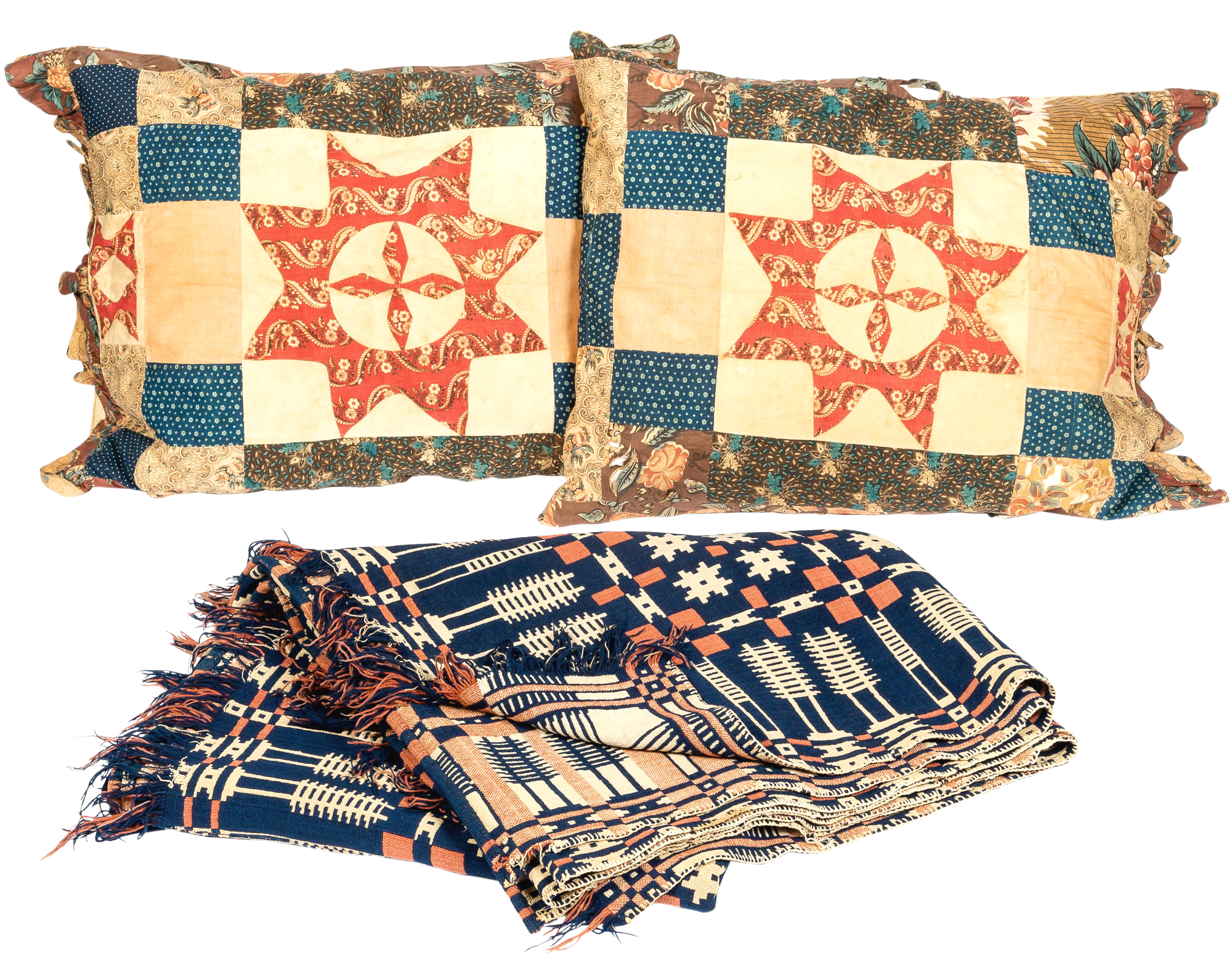 Lot image - Overshot Coverlet and Two Quilted Pillows