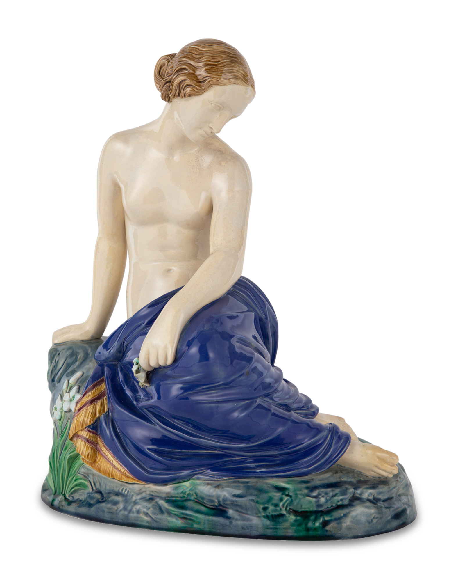 Lot image - Minton Majolica Pre-Raphaelite Figure of a Recumbent Nude Maiden, Resignation