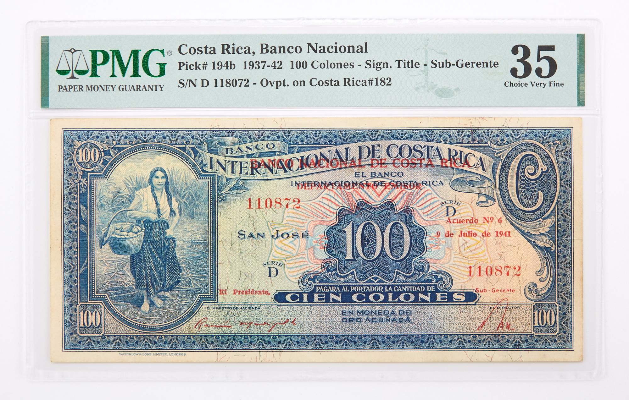 Lot image - Costa Rica, Banco Nacional 1937-42 Cien Colones Pick# 194b PMG 35