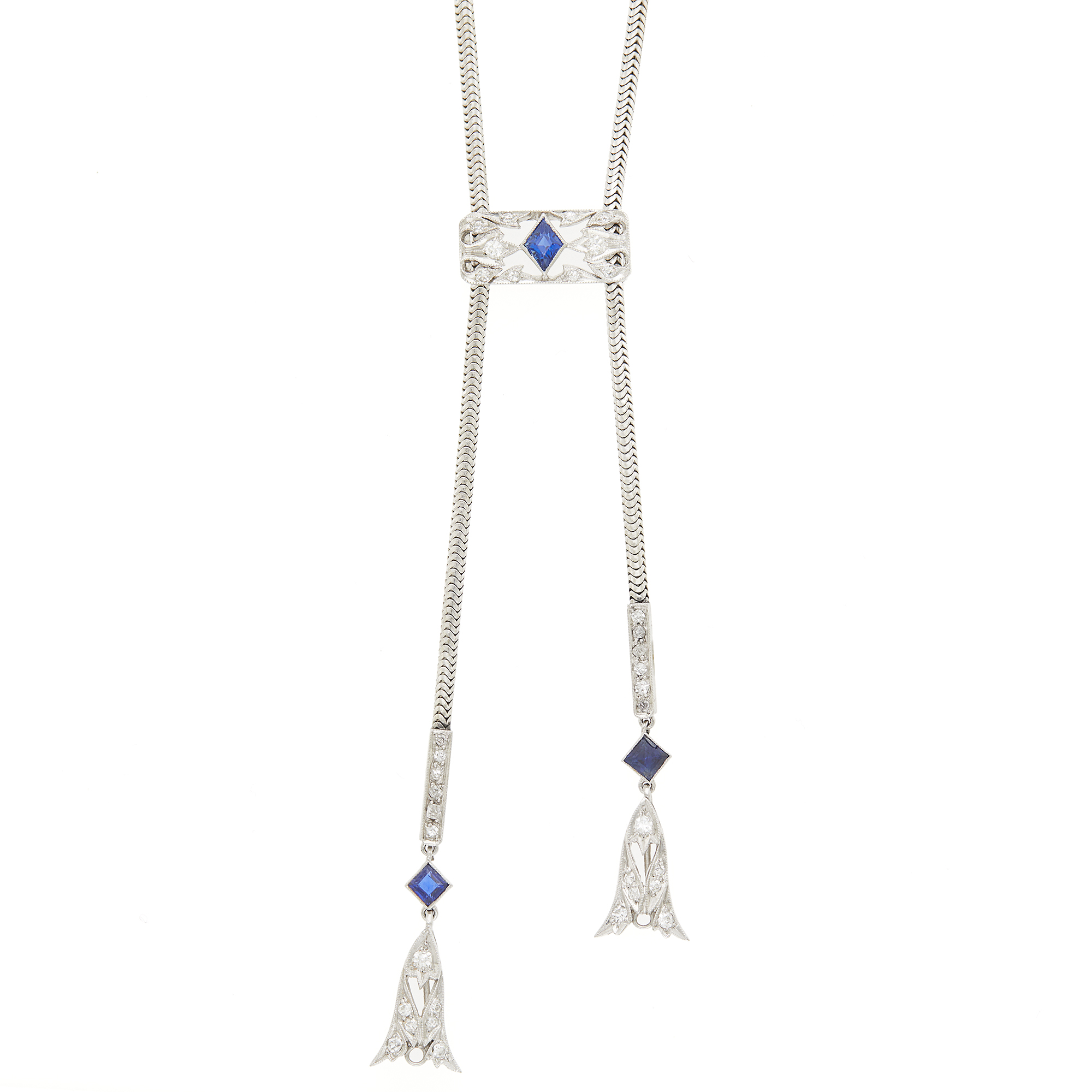 Lot image - Platinum, Synthetic Sapphire and Diamond Snake Chain Tassle Choker Pendant-Necklace