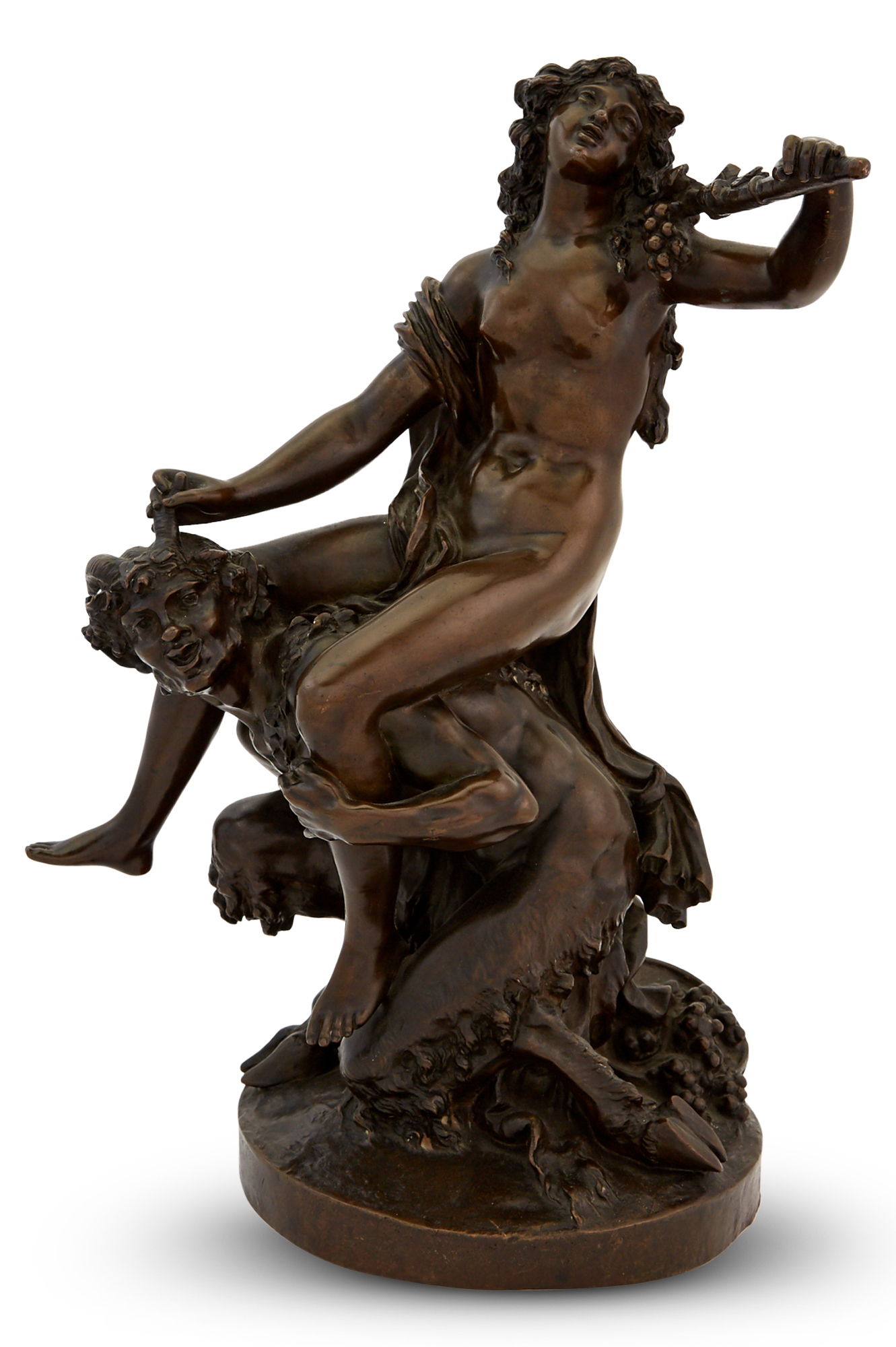 Lot image - Patinated Bronze Group of a Bacchanalian Nude Woman and Satyr