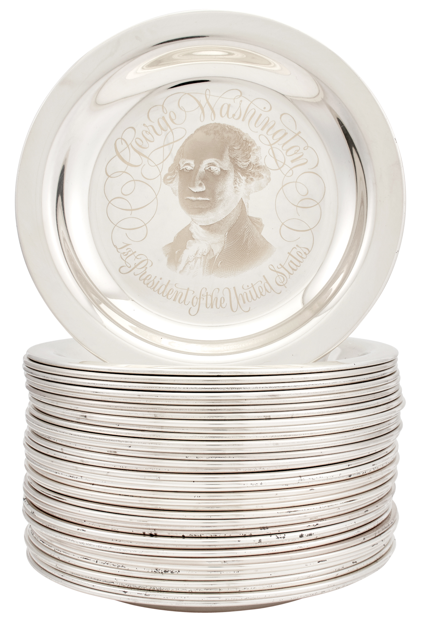 Lot image - Set of Thirty-Six Franklin Mint Sterling Silver and 24 kt Gold Commemorative Presidential Plates