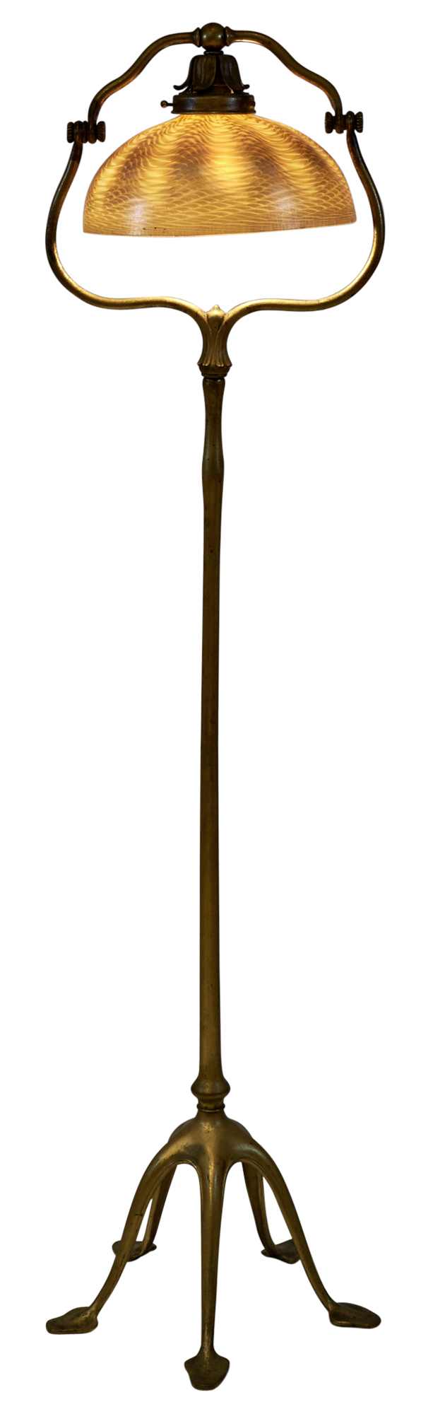 Lot image - Tiffany Studios Gilt-Bronze and Favrile Glass Harp Floor Lamp