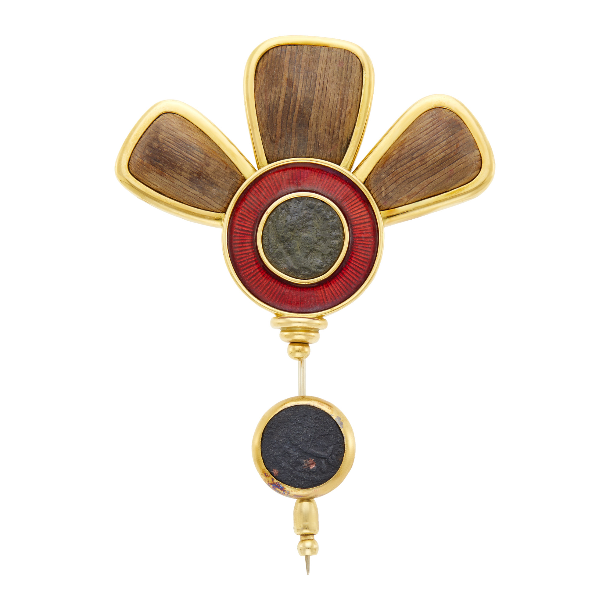 Lot image - Elizabeth Gage Gold, Wood, Red Guilloché Enamel and Silver and Bronze Coin Jabot