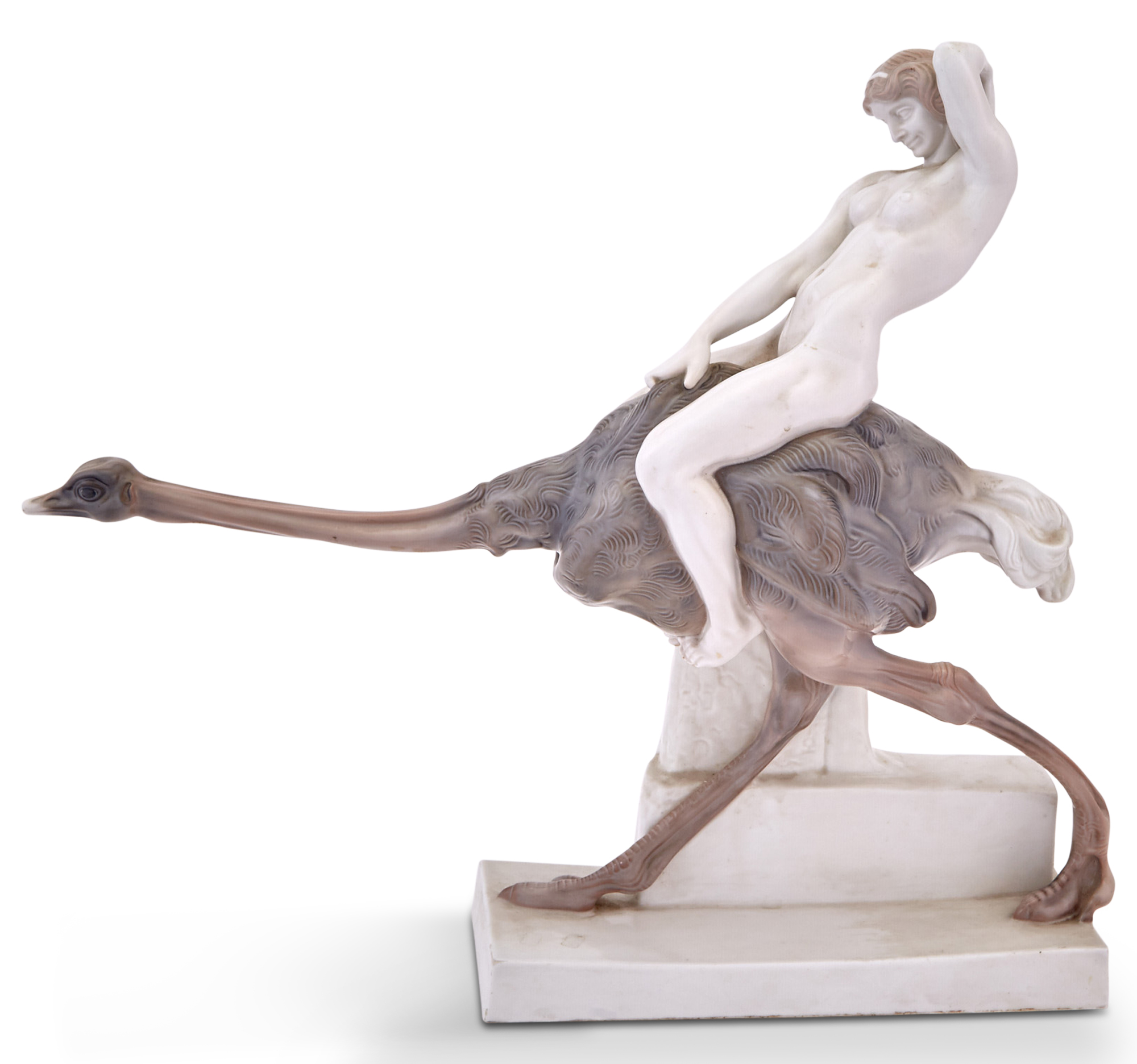 Lot image - Rosenthal Art Deco Porcelain Figural Group of a Nude Woman Riding an Ostrich
