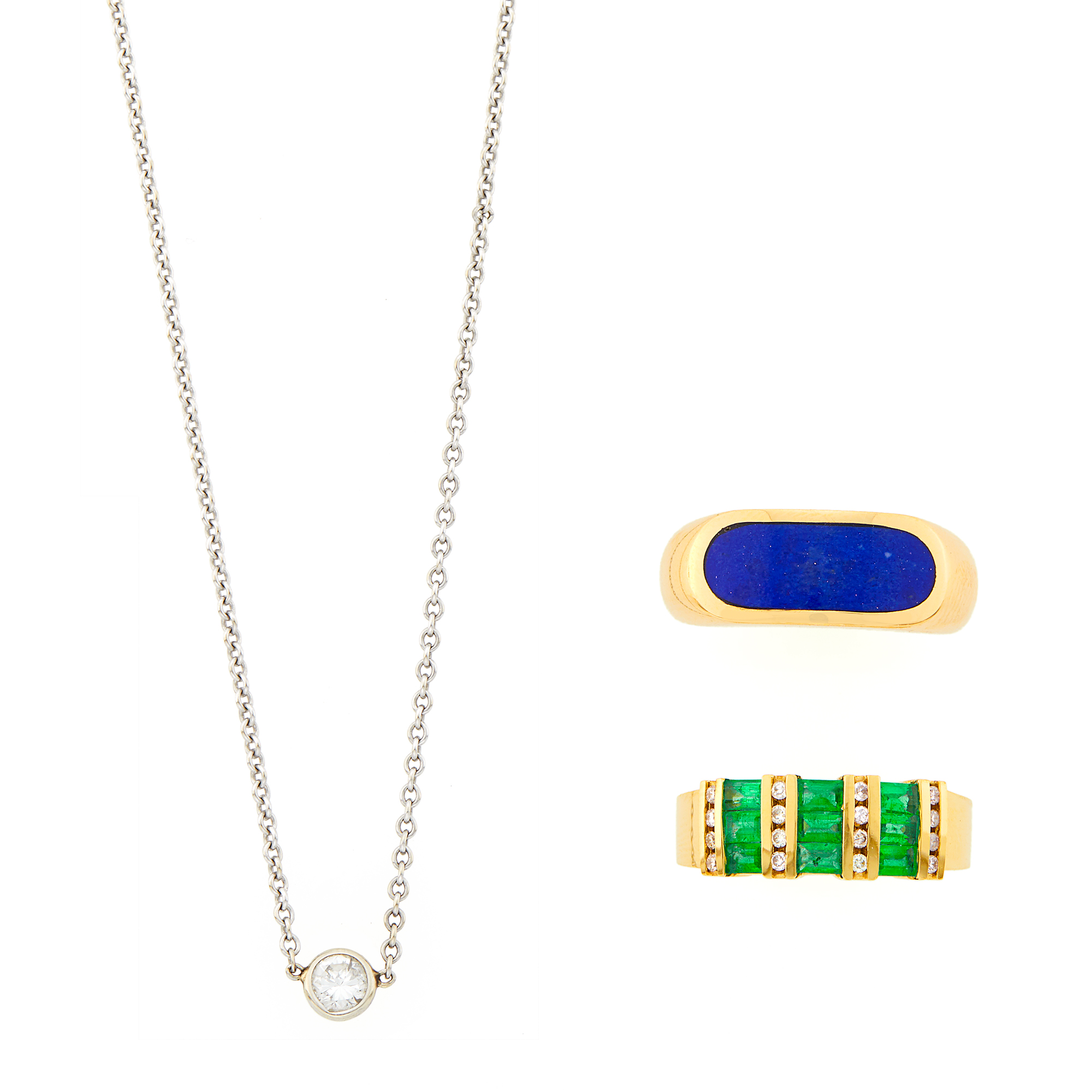 Lot image - Two Gold, Lapis, Emerald and Diamond Rings and White Gold and Diamond Pendant-Necklace