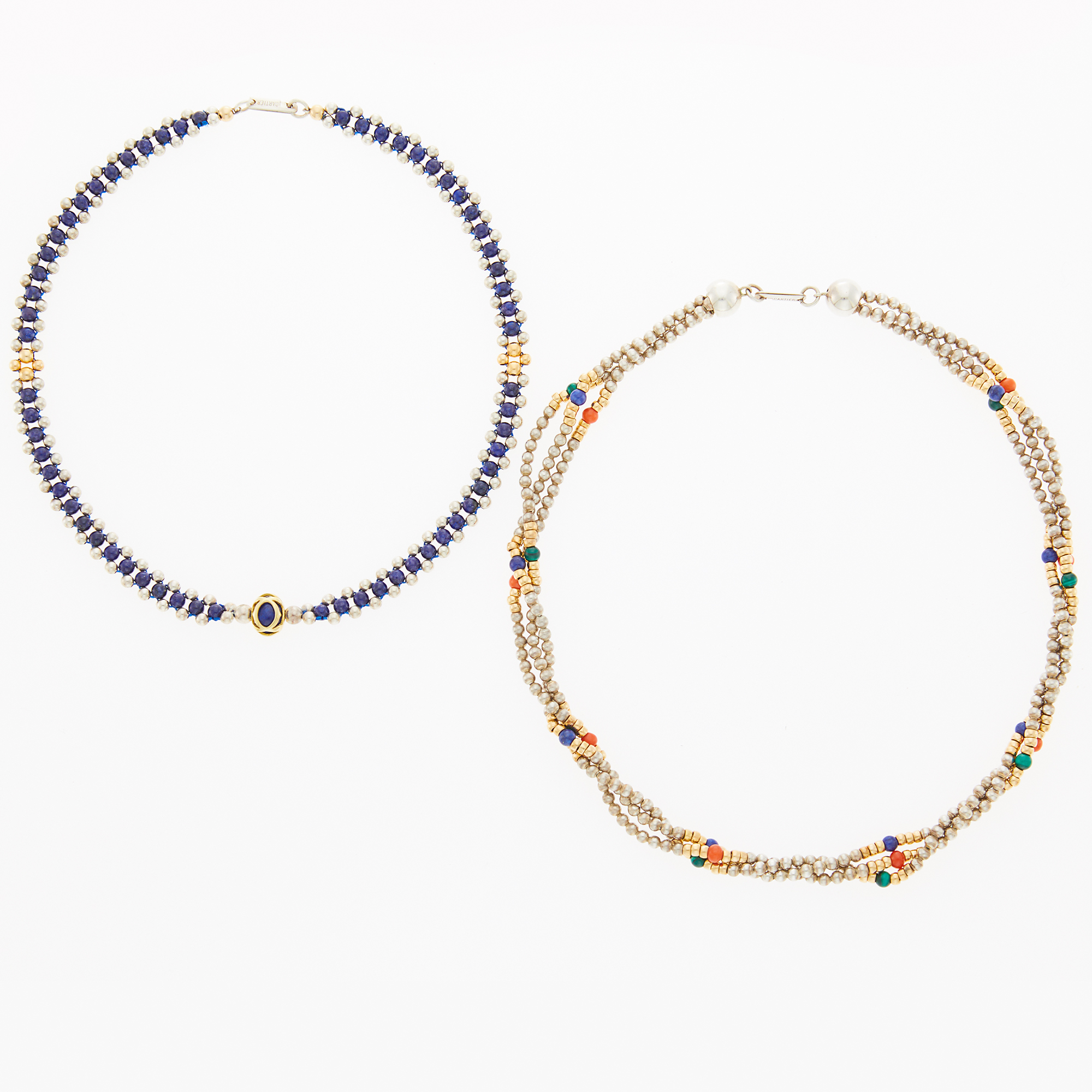 Lot image - Cartier Two Silver, Gold and Hardstone Bead Necklaces